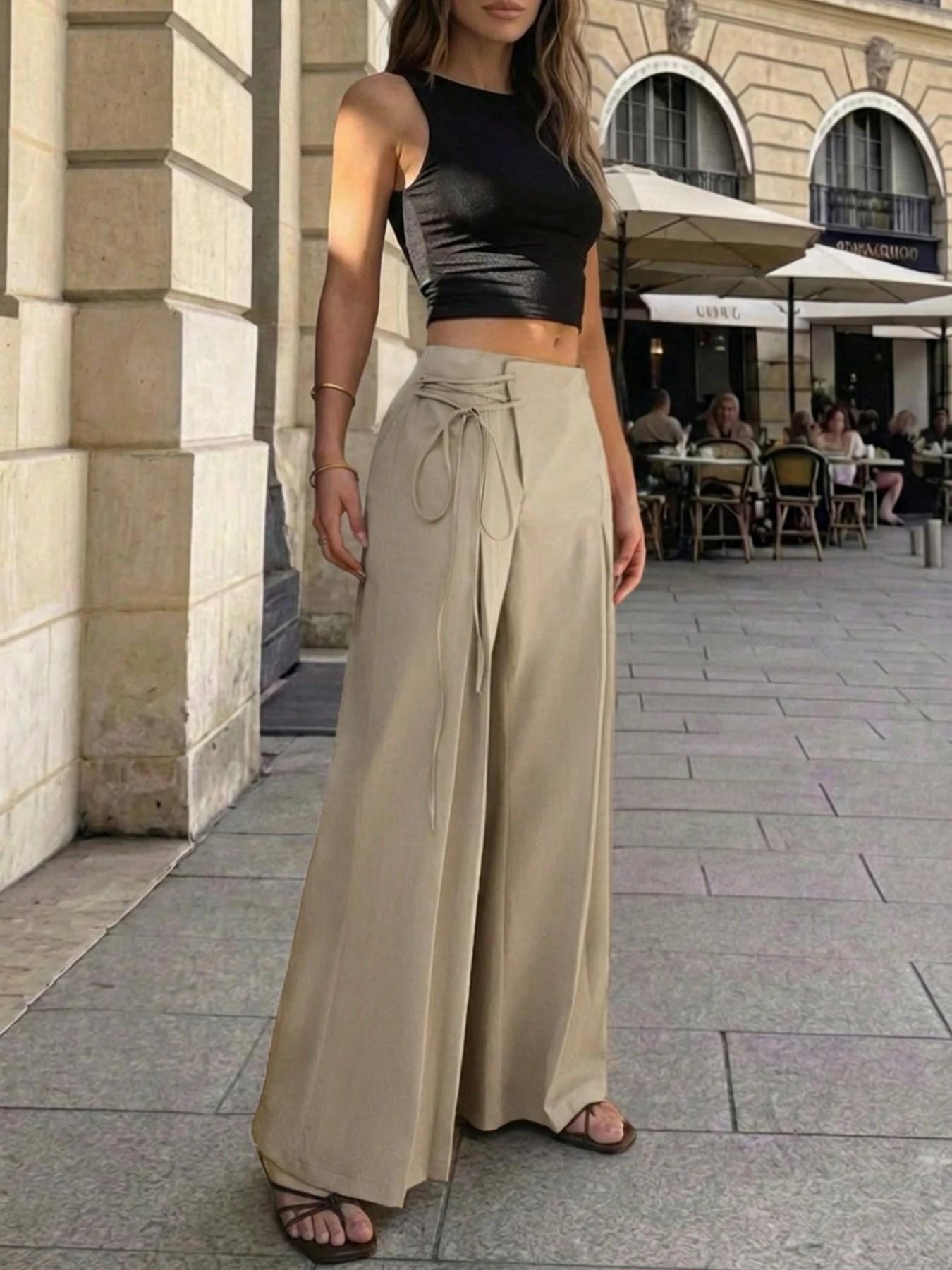 Women's Elegant Chic High-Waist Tie-Back Wide-Leg Pants, Casual Summer Long Pants, Loose Fit, Retro Style, Ankle Length, Plain Pattern, Bottoms