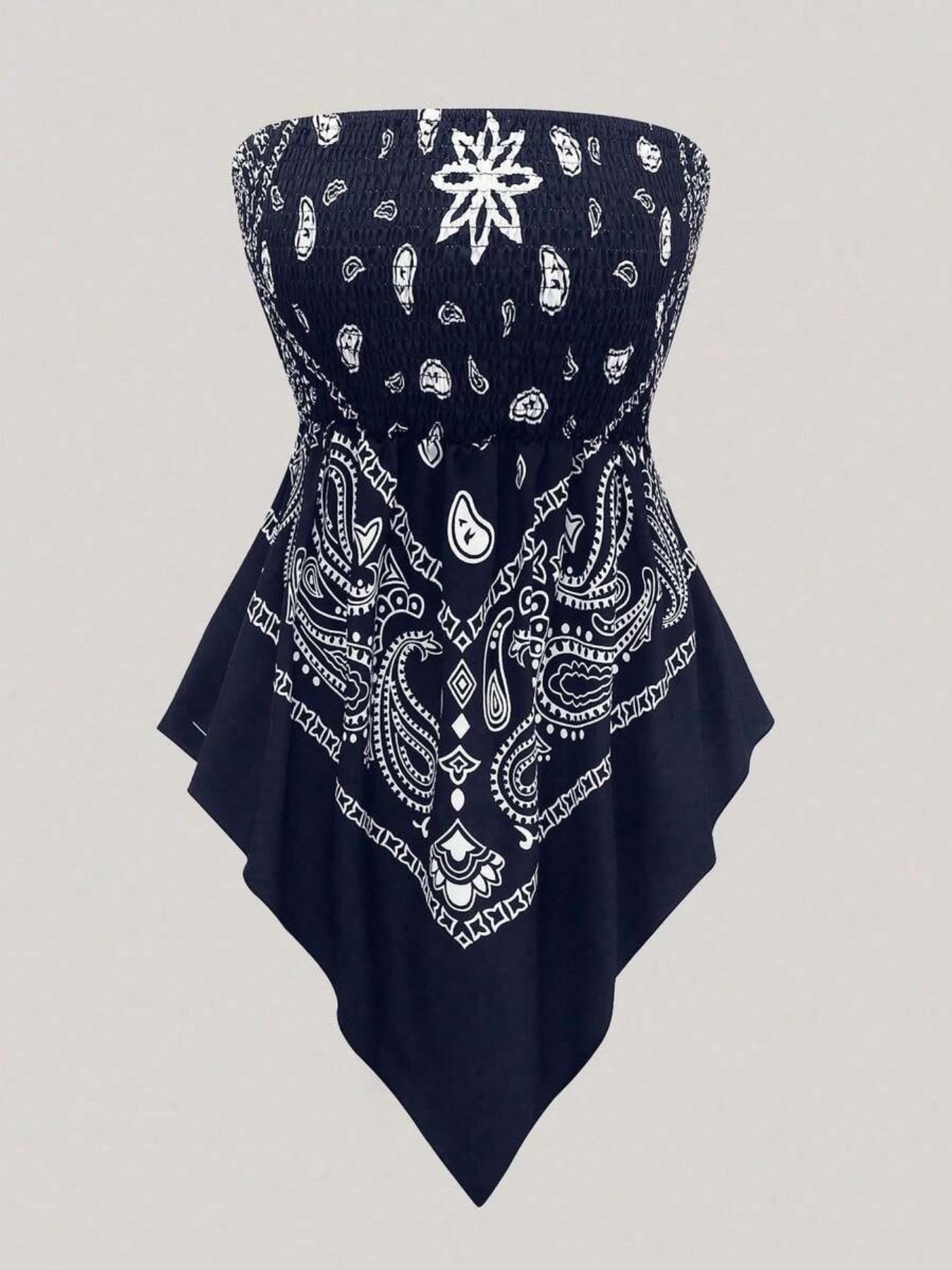 Plus Size Women's Ethnic Print Strapless Top, Bohemian Style Asymmetrical Hem Tube Top, Casual Summer Fashion Top Fit