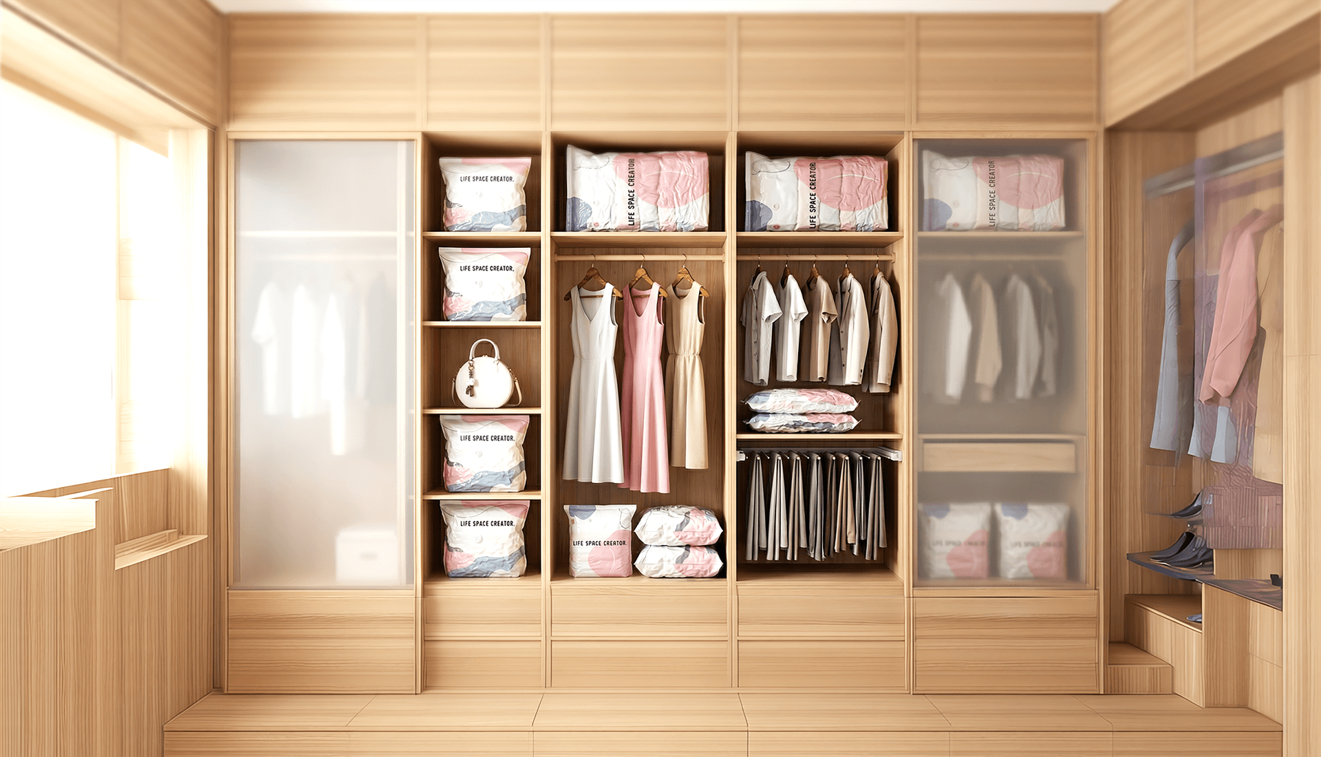 3D cube vacuum storage bags organized in closet