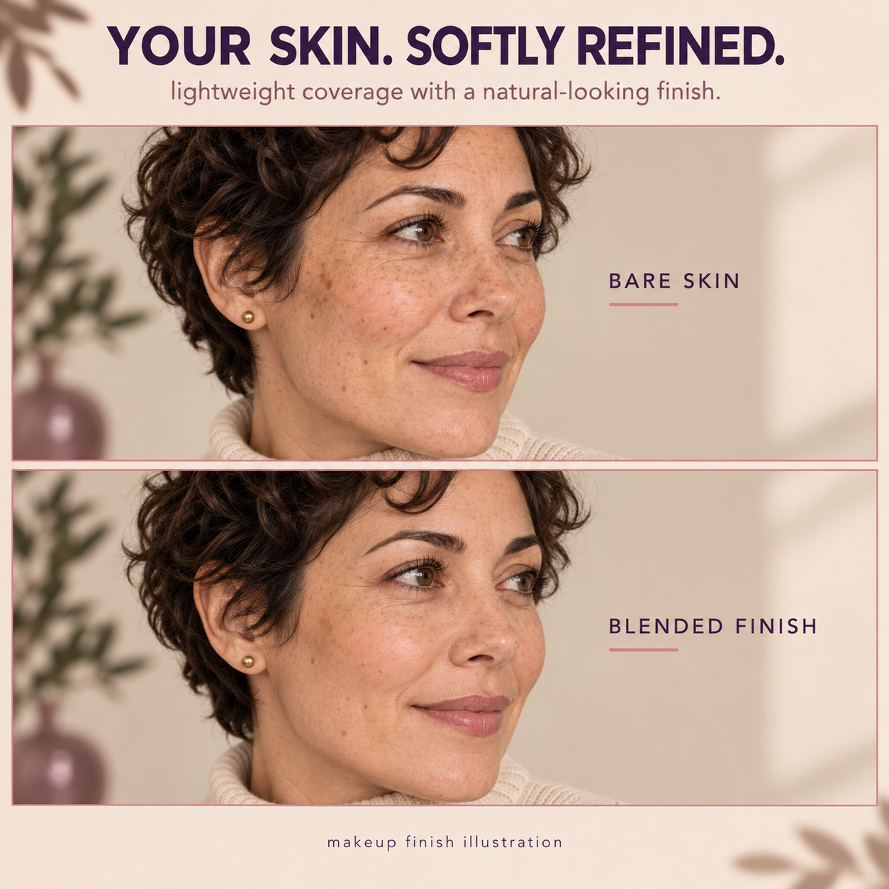 Bare skin and blended foundation finish comparison