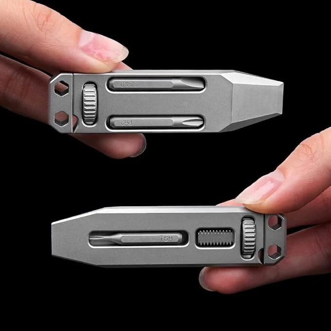 Close-up of a compact Grade 5 titanium pocket pry multi-tool
