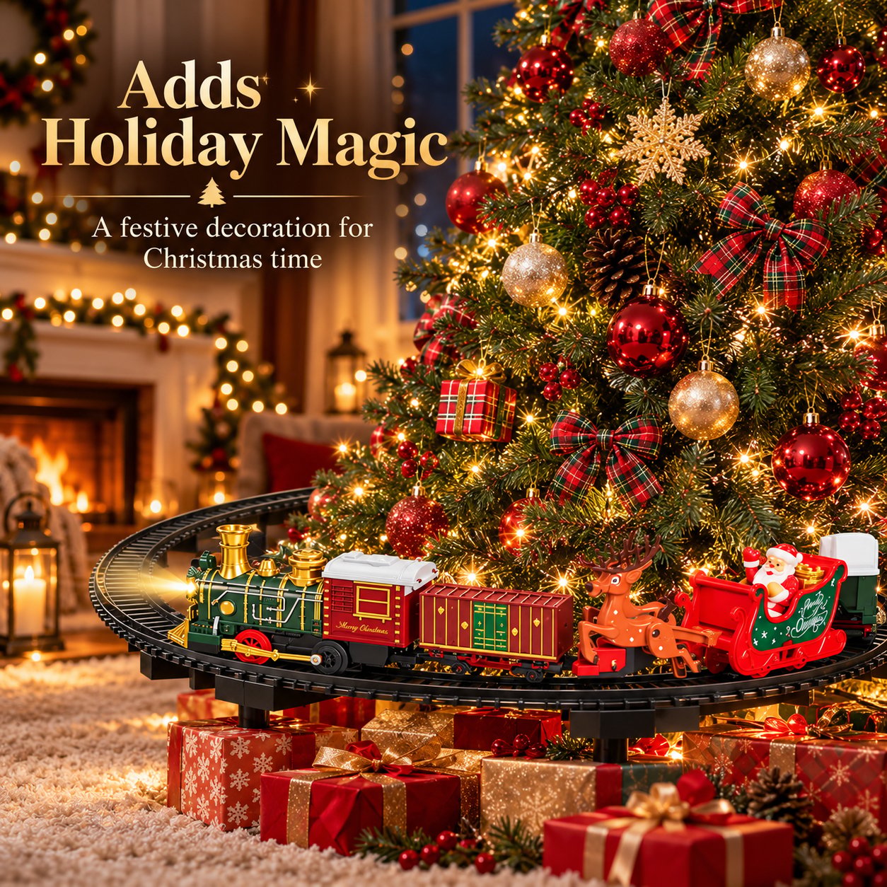 Christmas train with decorated tree and wrapped gifts in a festive living room