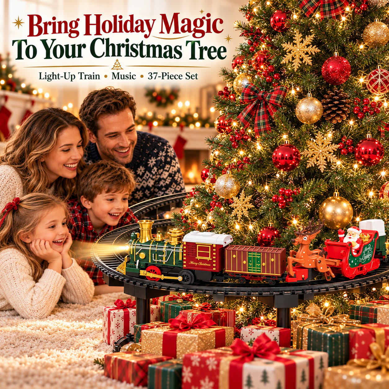 Family watching the festive train around their decorated Christmas tree