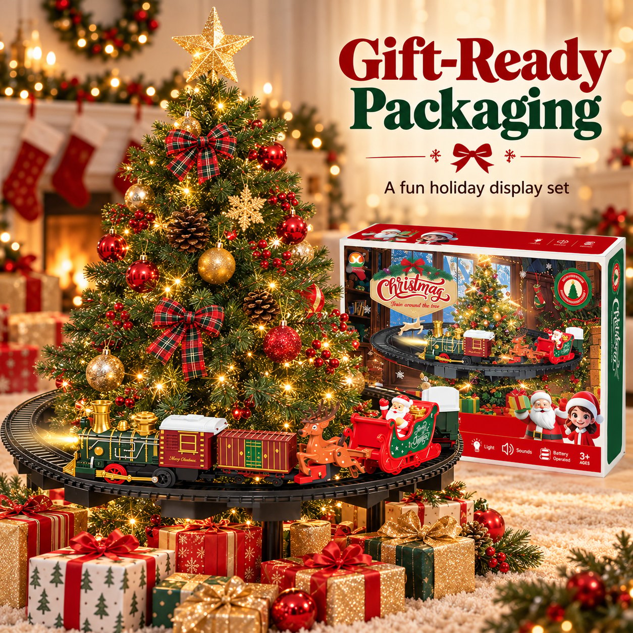 Christmas train set next to its colorful retail packaging and a decorated tree