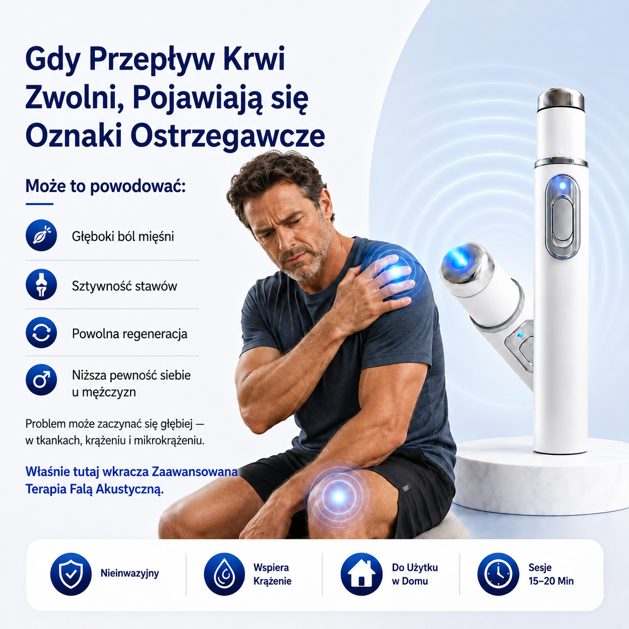 Ultradźwiękowy masażer do terapii falami uderzeniowymi — Pomaga wspierać krążenie krwi. Łagodzi głęboko odczuwany dyskomfort. Wspiera odzyskanie męskiej pewności siebie.