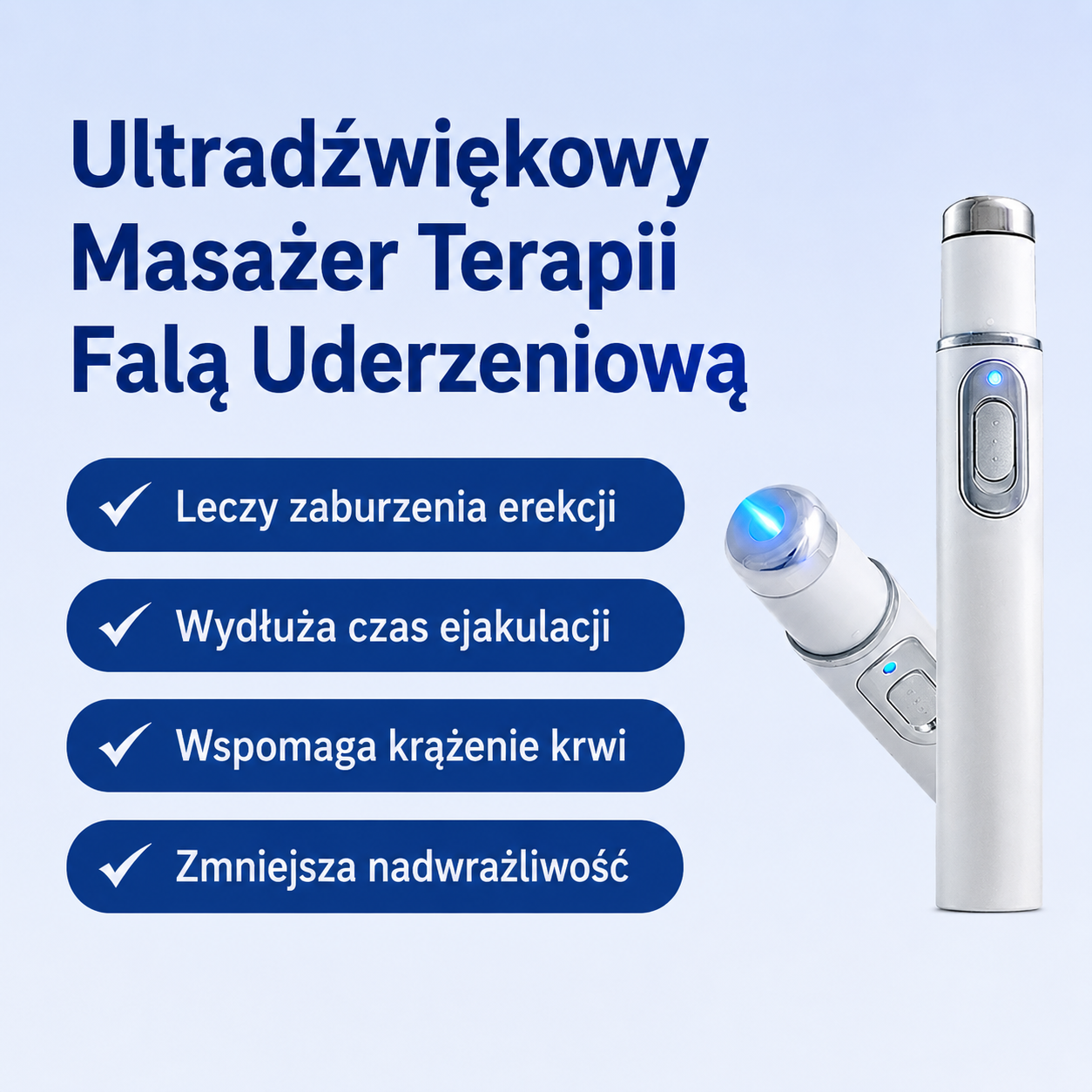 Ultradźwiękowy masażer do terapii falami uderzeniowymi — Pomaga wspierać krążenie krwi. Łagodzi głęboko odczuwany dyskomfort. Wspiera odzyskanie męskiej pewności siebie.