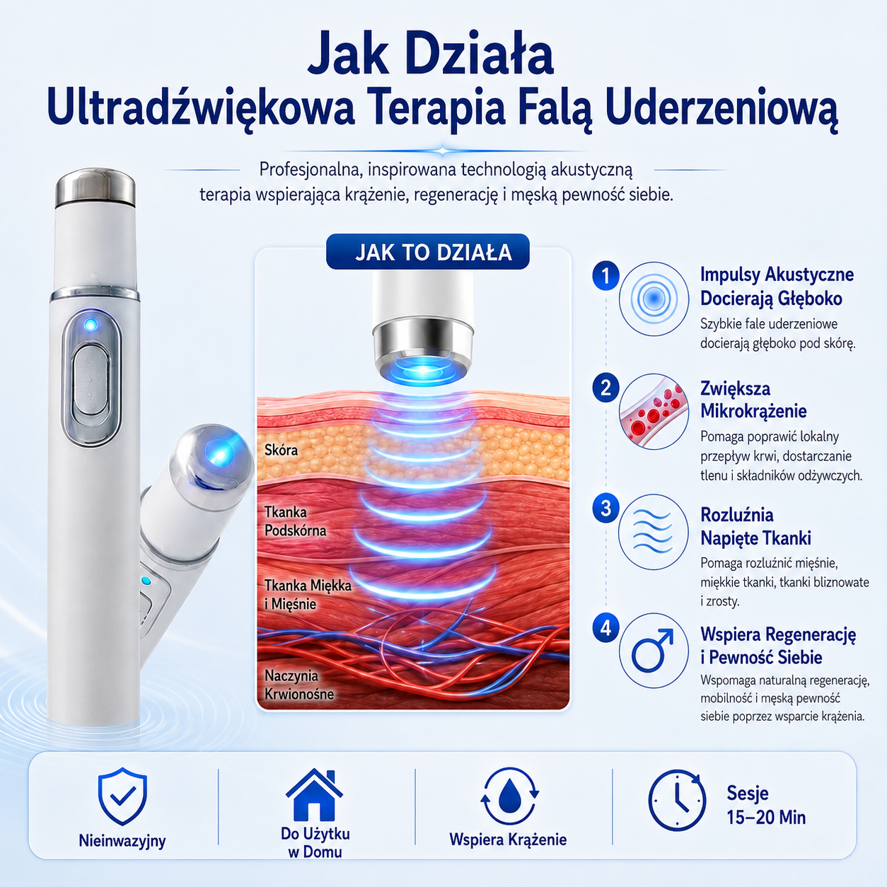Ultradźwiękowy masażer do terapii falami uderzeniowymi — Pomaga wspierać krążenie krwi. Łagodzi głęboko odczuwany dyskomfort. Wspiera odzyskanie męskiej pewności siebie.