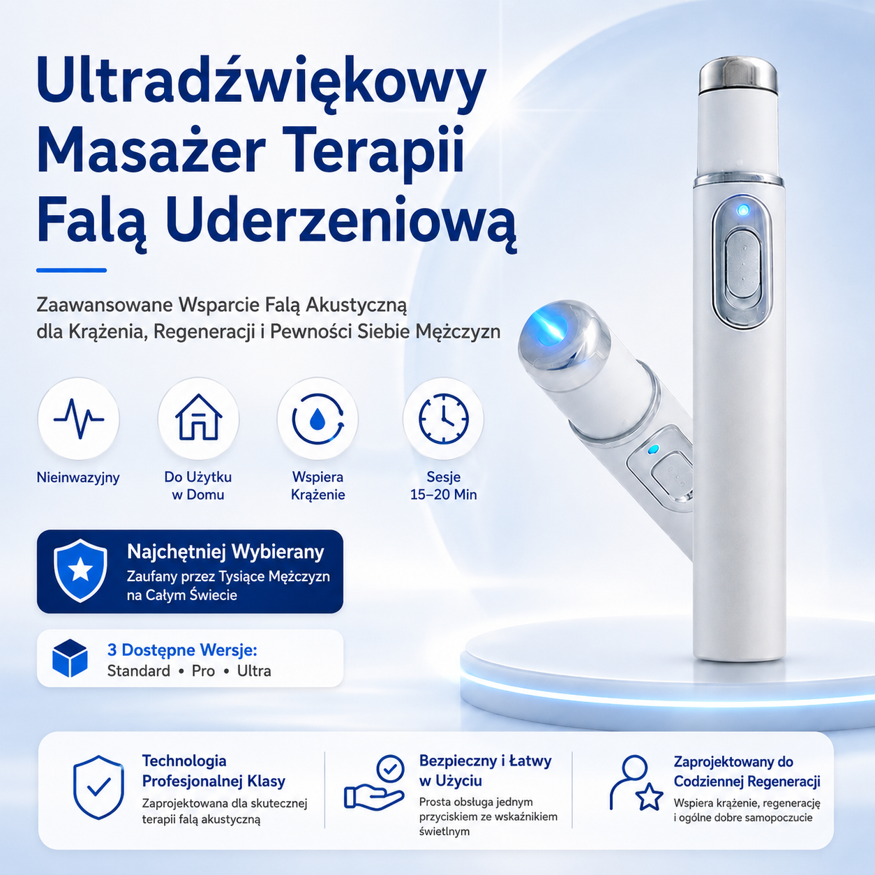 Ultradźwiękowy masażer do terapii falami uderzeniowymi — Pomaga wspierać krążenie krwi. Łagodzi głęboko odczuwany dyskomfort. Wspiera odzyskanie męskiej pewności siebie.