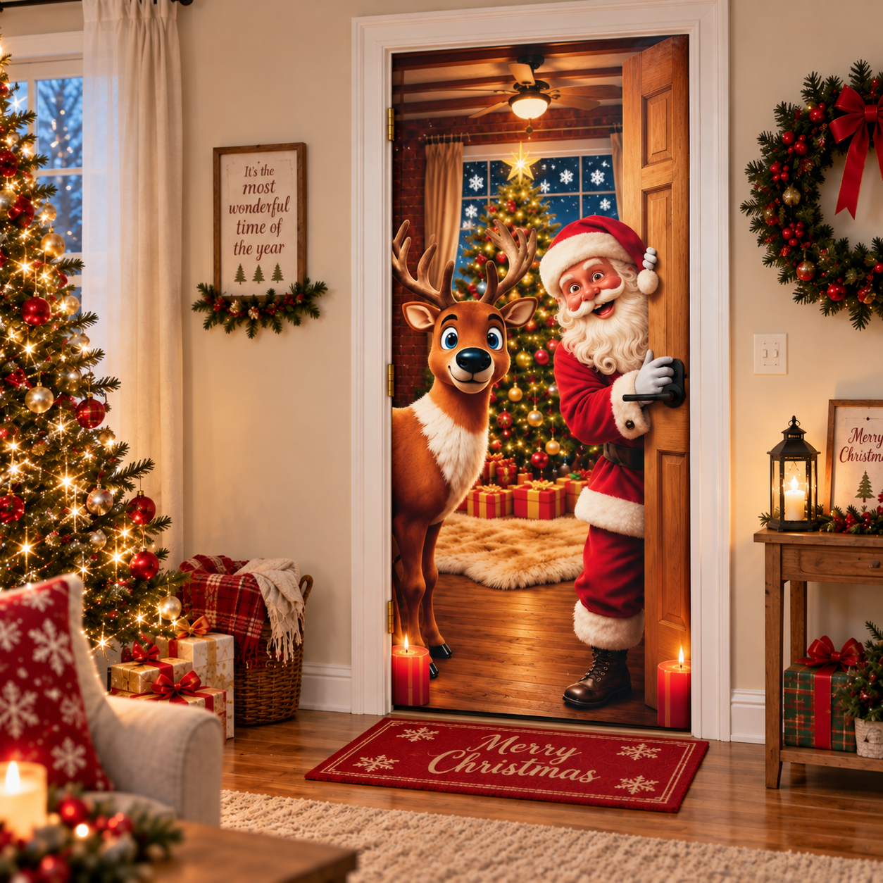 🎅Christmas Door Curtain – Stretchy Santa and Reindeer Door Decoration