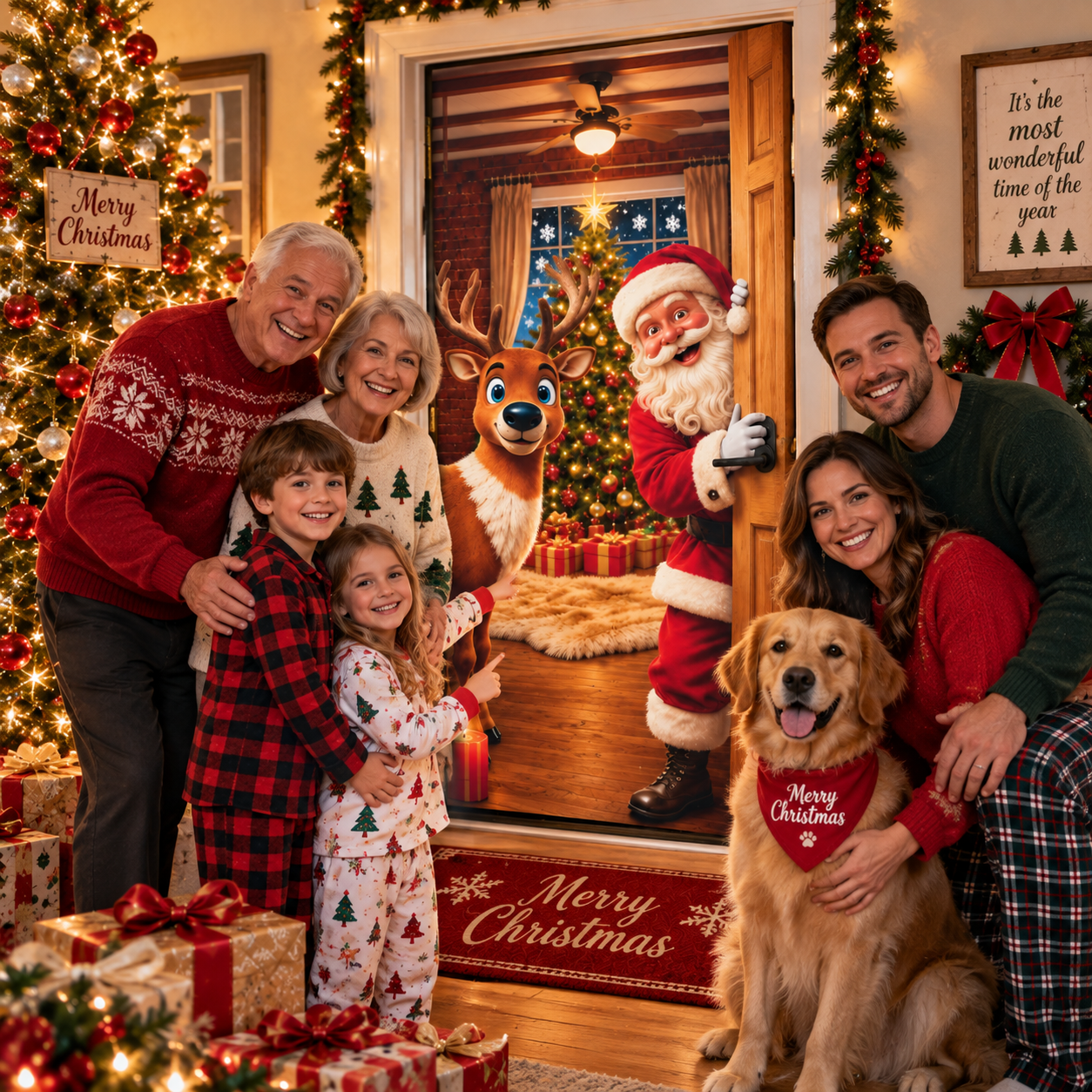 🎅Christmas Door Curtain – Stretchy Santa and Reindeer Door Decoration