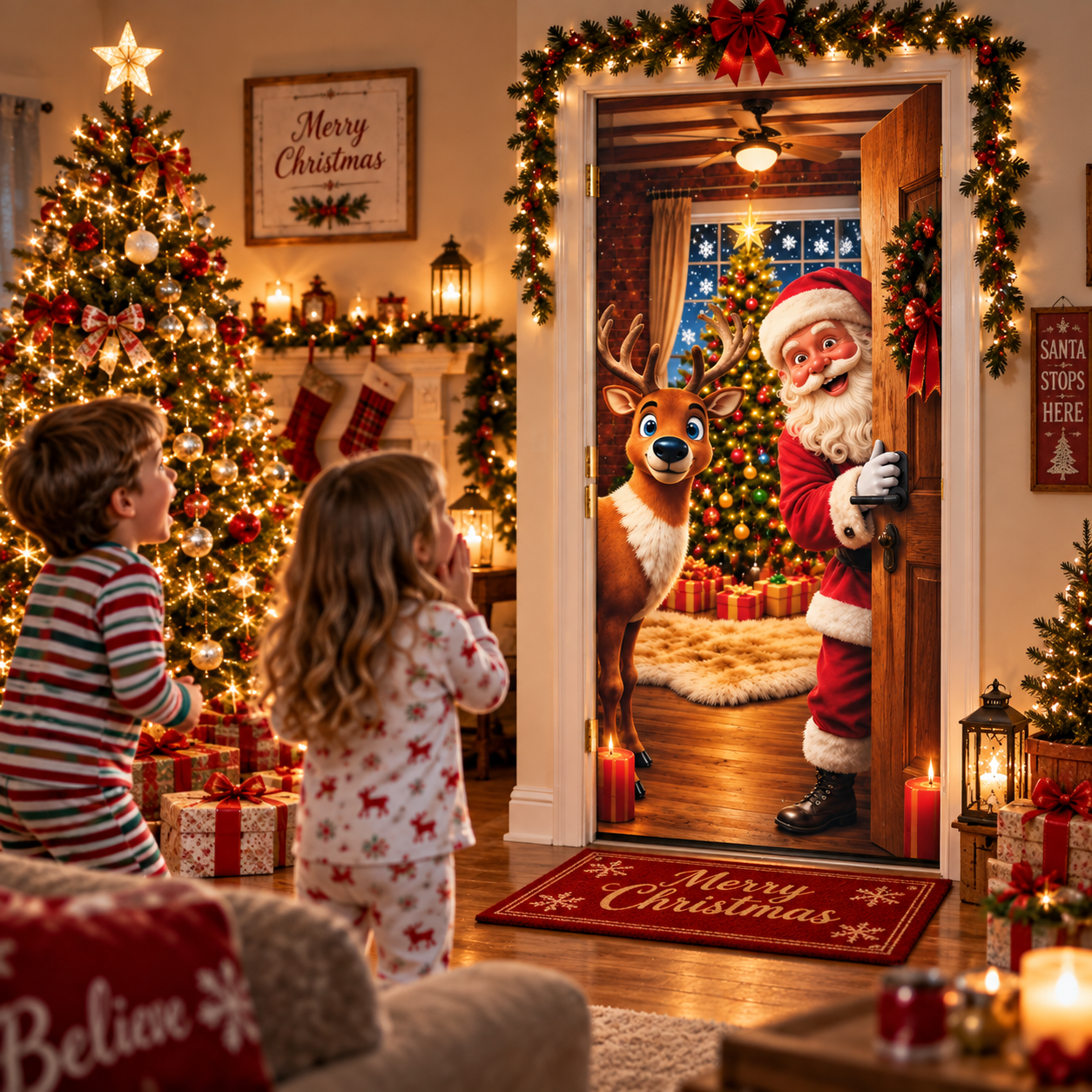 🎅Christmas Door Curtain – Stretchy Santa and Reindeer Door Decoration