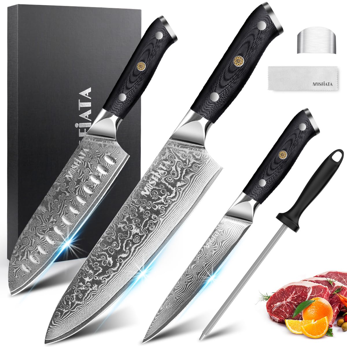 Sada 3 damaškových šéfkuchařských nožů MOSFiATA - profesionální ostrý šéfkuchařský nůž 8 palců, nůž Santoku 7 palců a univerzální nůž 5 palců, z vysoce uhlíkové nerezové oceli VG-10, s brouskem a chráničem prstů, dárková krabička
