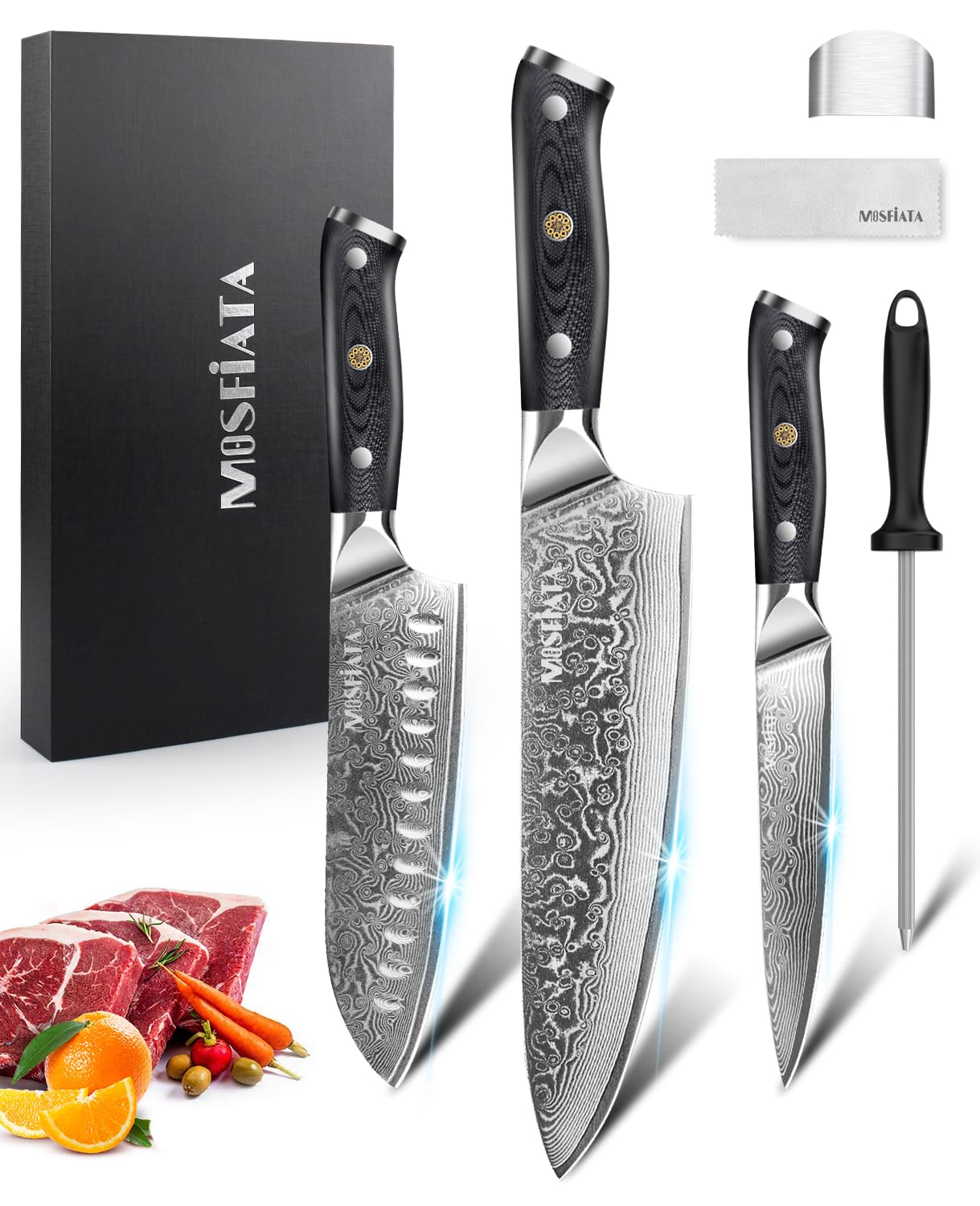 Sada 3 damaškových šéfkuchařských nožů MOSFiATA - profesionální ostrý šéfkuchařský nůž 8 palců, nůž Santoku 7 palců a univerzální nůž 5 palců, z vysoce uhlíkové nerezové oceli VG-10, s brouskem a chráničem prstů, dárková krabička