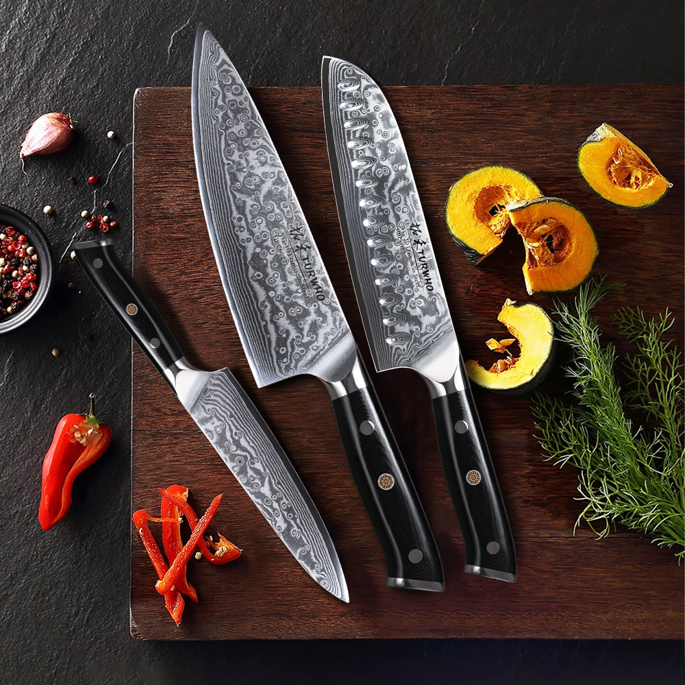 Sada 3 damaškových šéfkuchařských nožů MOSFiATA - profesionální ostrý šéfkuchařský nůž 8 palců, nůž Santoku 7 palců a univerzální nůž 5 palců, z vysoce uhlíkové nerezové oceli VG-10, s brouskem a chráničem prstů, dárková krabička
