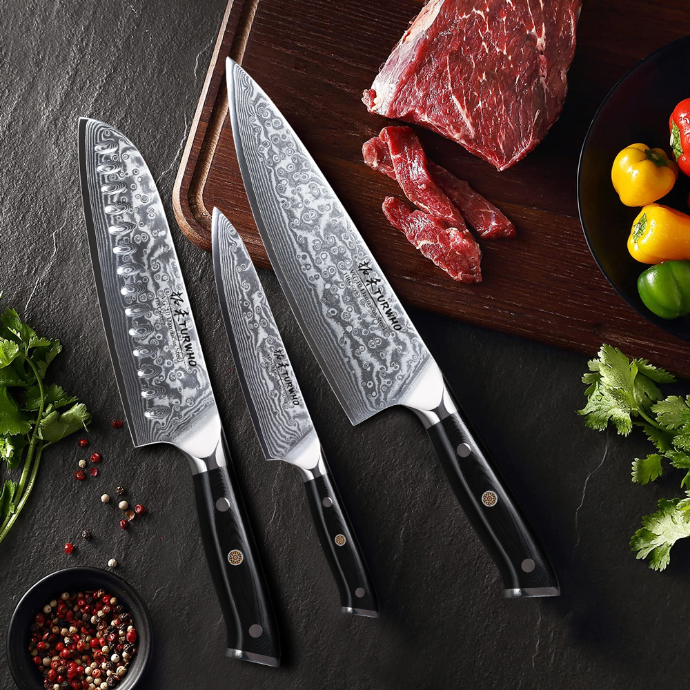 Sada 3 damaškových šéfkuchařských nožů MOSFiATA - profesionální ostrý šéfkuchařský nůž 8 palců, nůž Santoku 7 palců a univerzální nůž 5 palců, z vysoce uhlíkové nerezové oceli VG-10, s brouskem a chráničem prstů, dárková krabička
