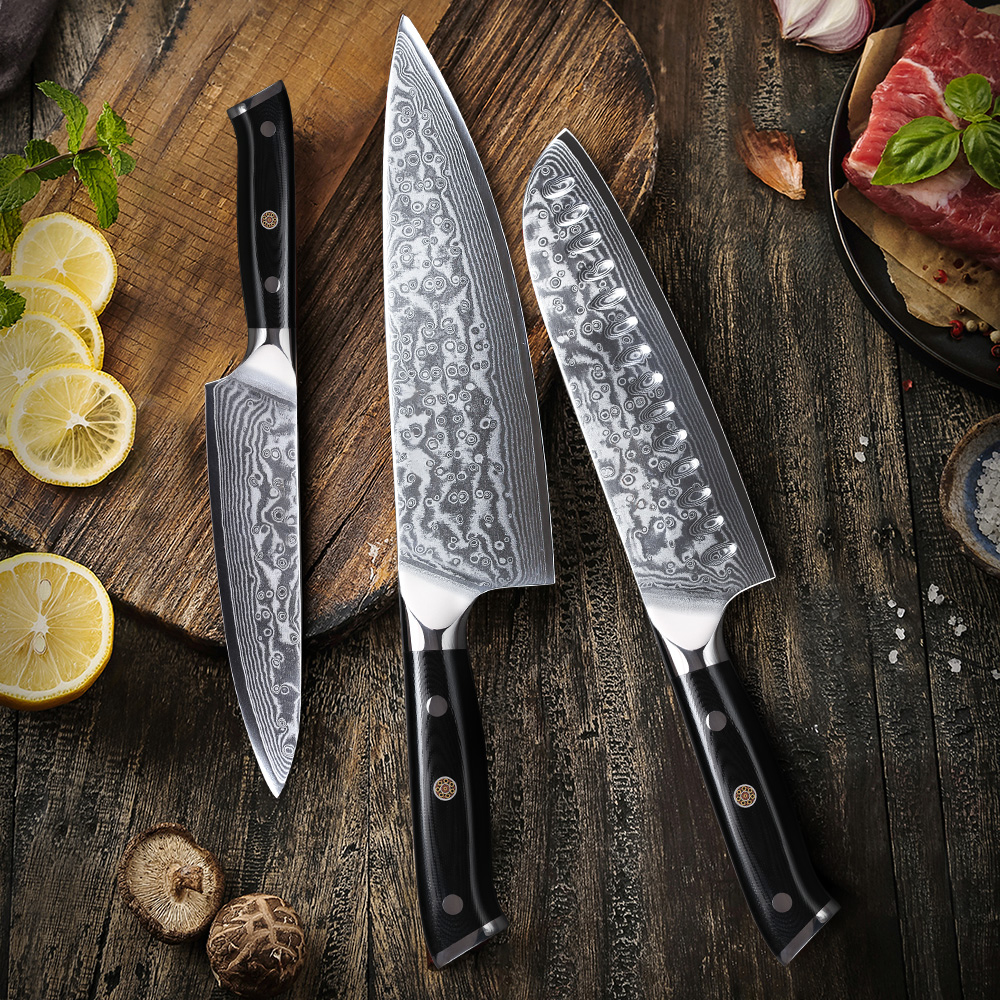 Sada 3 damaškových šéfkuchařských nožů MOSFiATA - profesionální ostrý šéfkuchařský nůž 8 palců, nůž Santoku 7 palců a univerzální nůž 5 palců, z vysoce uhlíkové nerezové oceli VG-10, s brouskem a chráničem prstů, dárková krabička