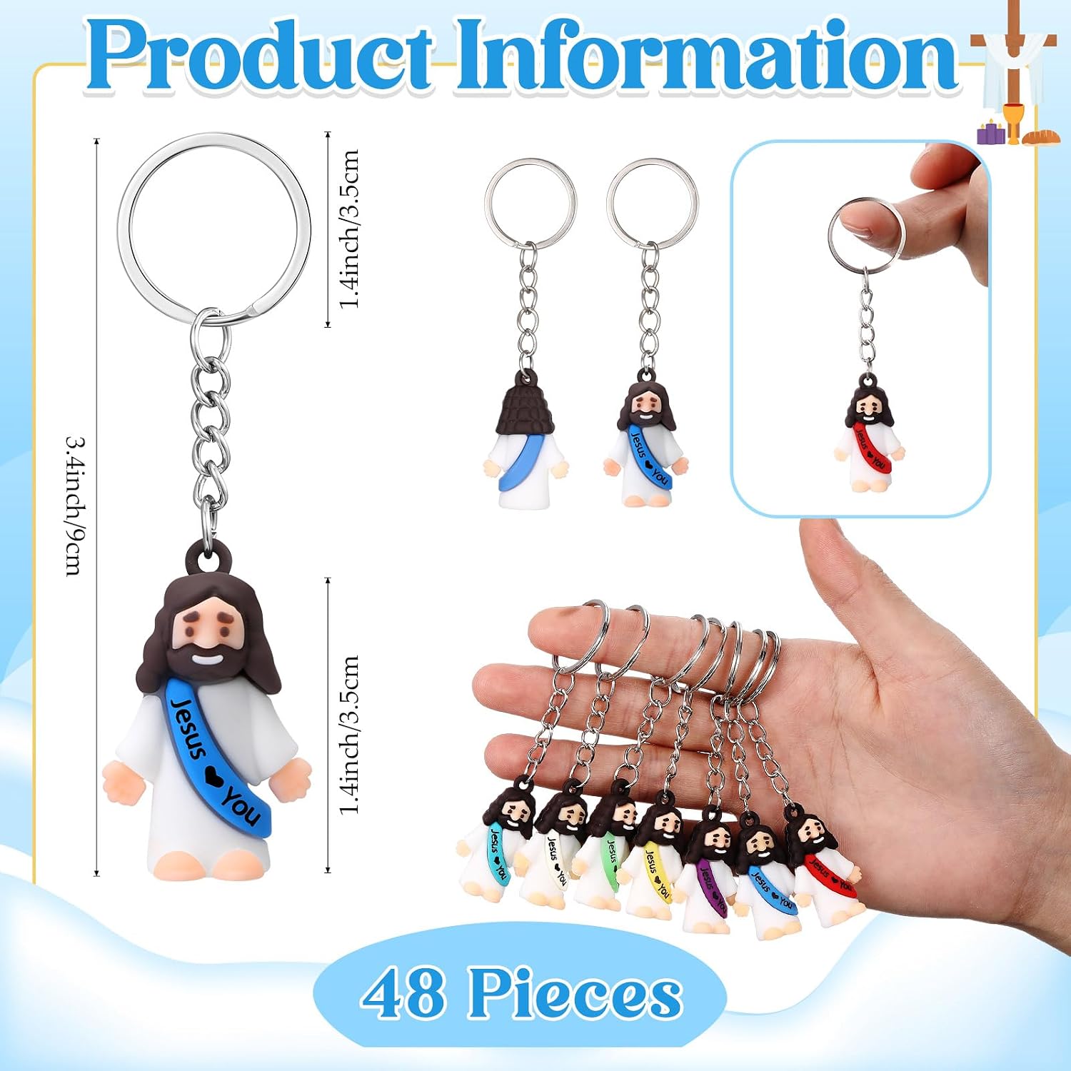 24/48Pcs Little Jesus Keychain Jesus Loves You Keychain Bulk for Church Event Sunday School Class Reward Religious Party Favors Thanksgiving Gift for Family Friends Teacher Pastor Trunk or Treat Giveaways Halloween Treat Bags Stuffer