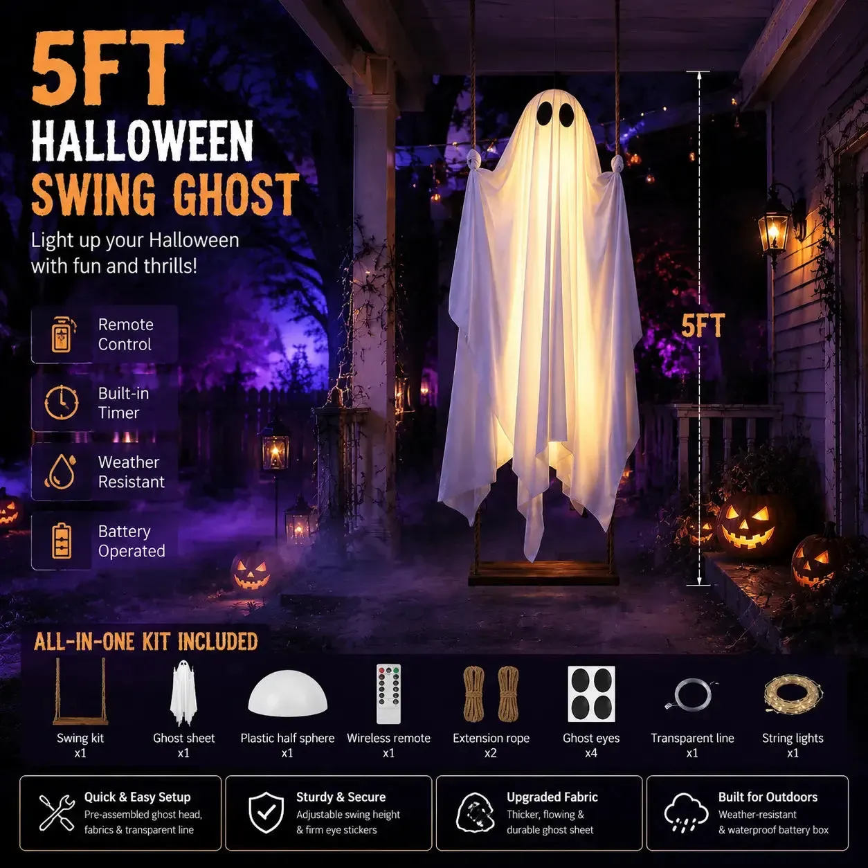 👻49% Off Last Day🔥Halloween Decorations Outdoor 5FT Ghost Swing Lights