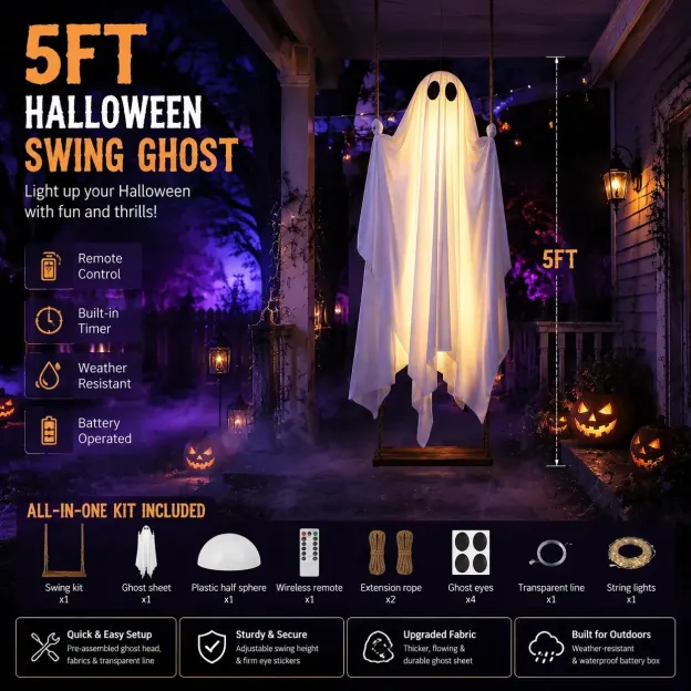 👻49% Off Last Day🔥Halloween Decorations Outdoor 5FT Ghost Swing Lights