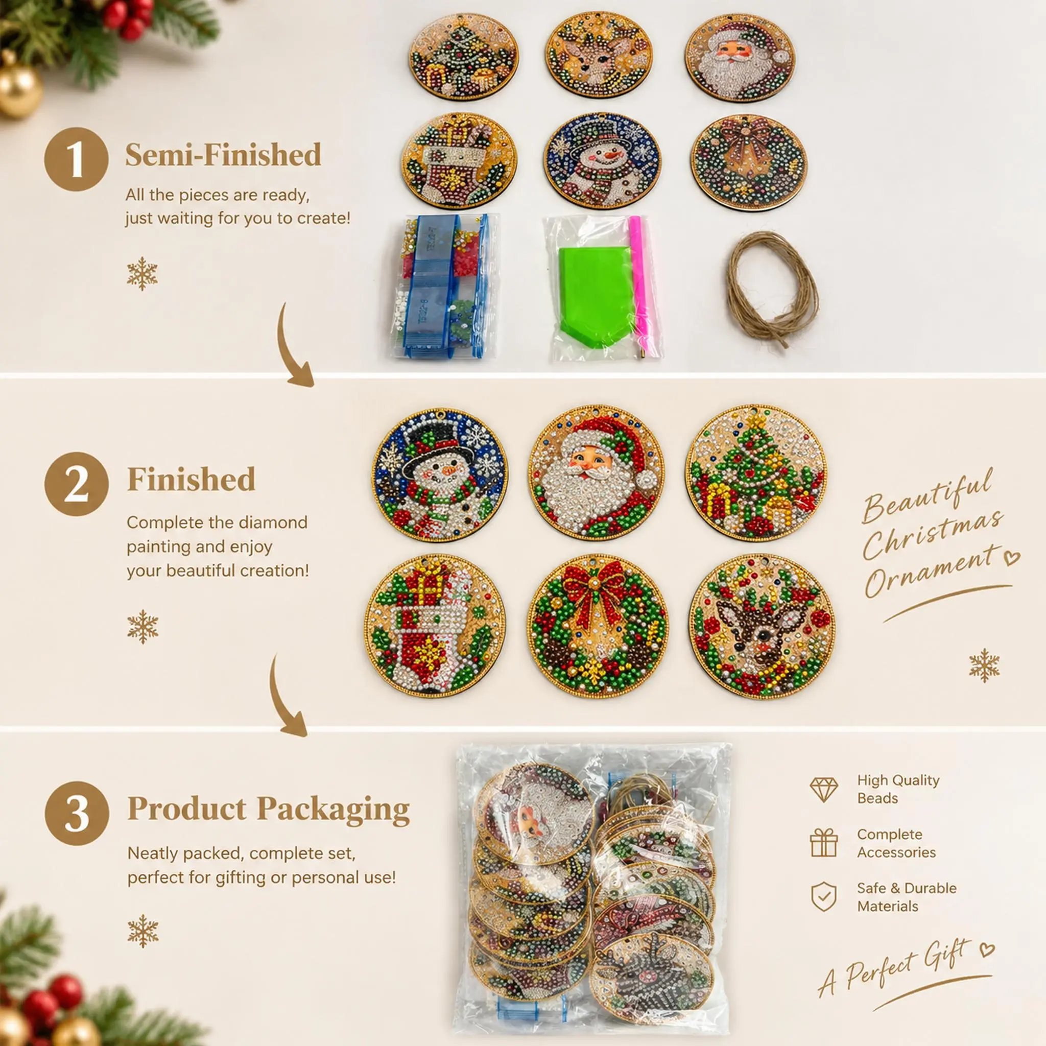 6Pcs/12Pcs Christmas DIY Diamond Painting Ornaments Kit for Holiday Home Decor