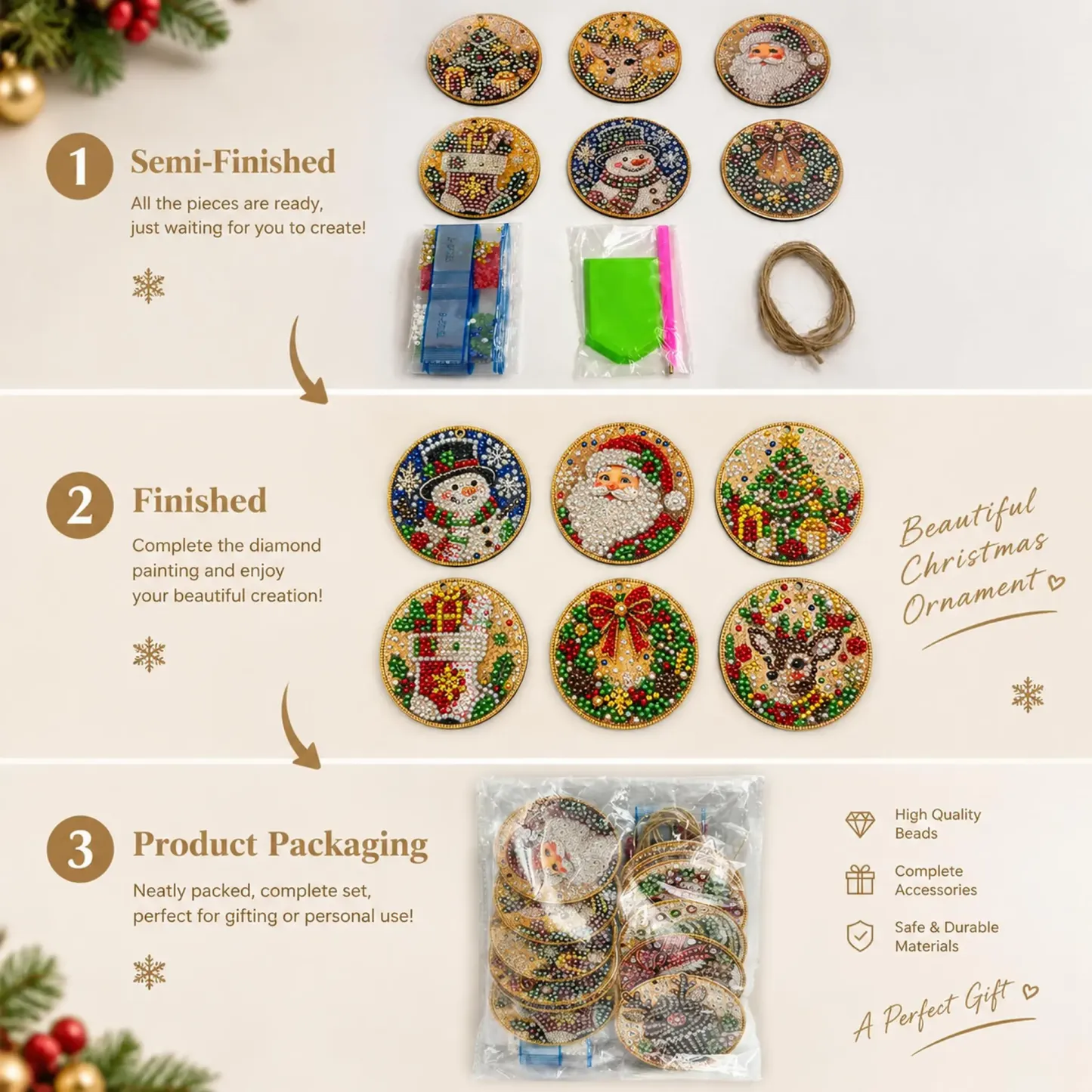 6Pcs/12Pcs Christmas DIY Diamond Painting Ornaments Kit for Holiday Home Decor