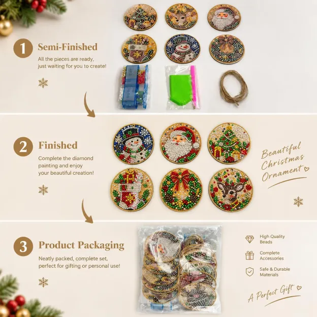 6Pcs/12Pcs Christmas DIY Diamond Painting Ornaments Kit for Holiday Home Decor