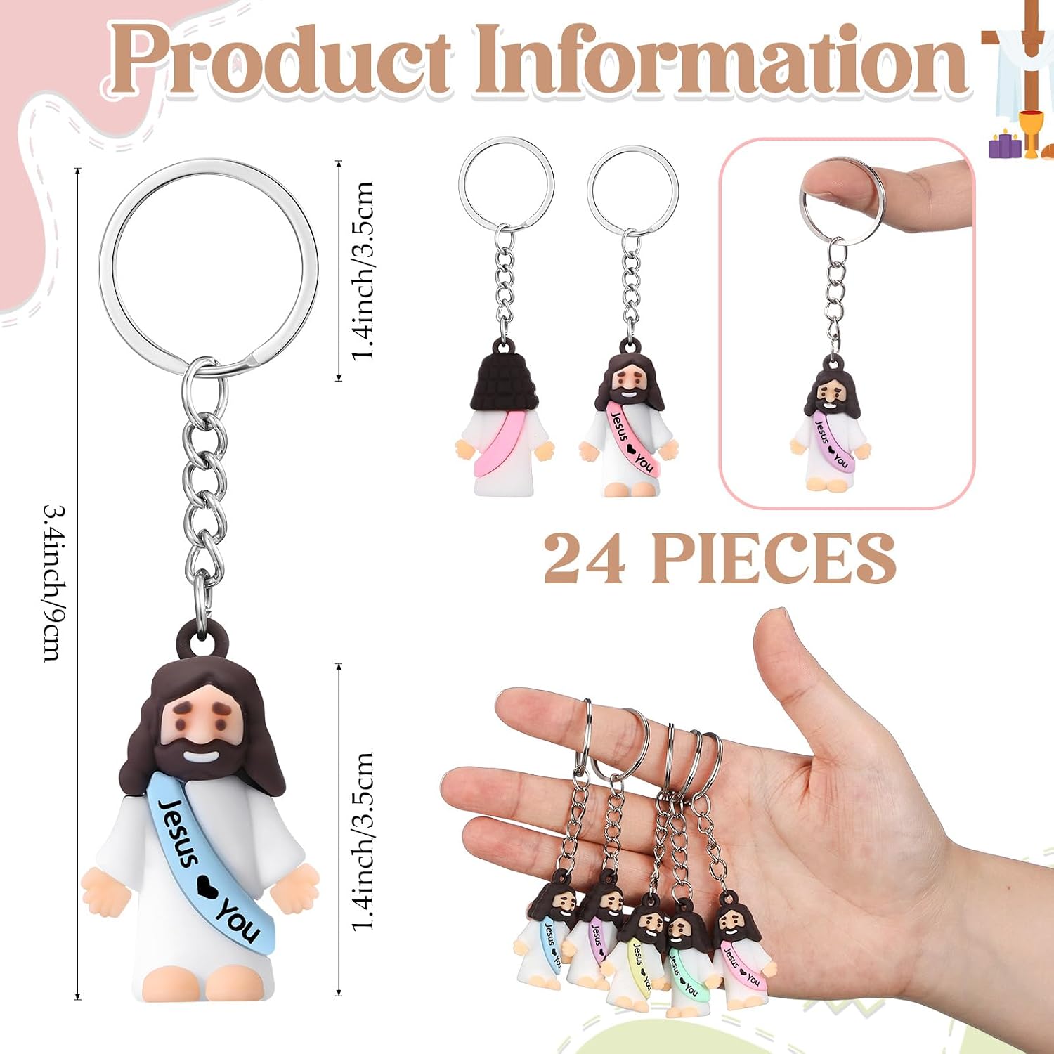 24/48Pcs Little Jesus Keychain Jesus Loves You Keychain Bulk for Church Event Sunday School Class Reward Religious Party Favors Thanksgiving Gift for Family Friends Teacher Pastor Trunk or Treat Giveaways Halloween Treat Bags Stuffer