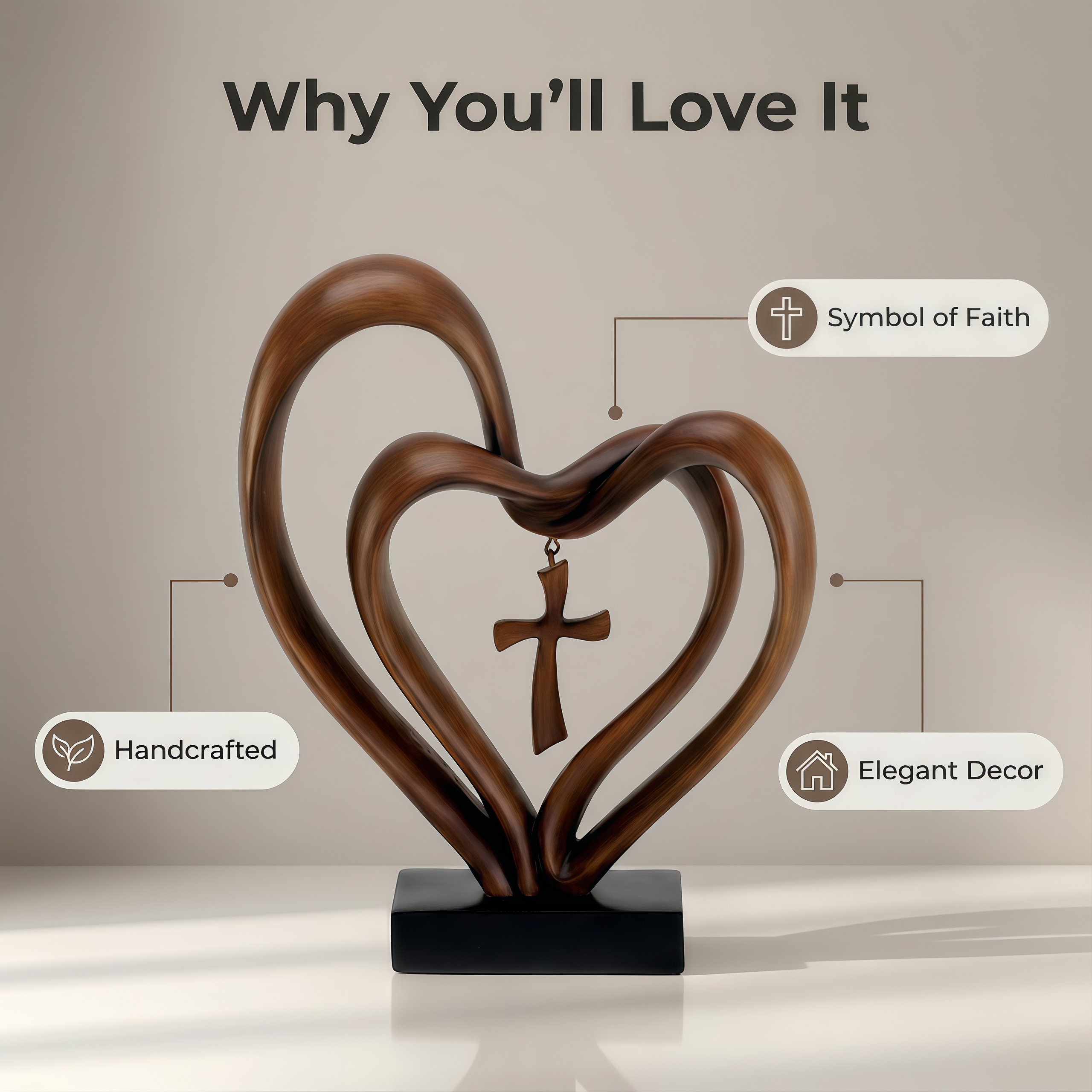 ✝Marriage Takes Three – Entwined Heart & Cross Christian Wedding Sculpture