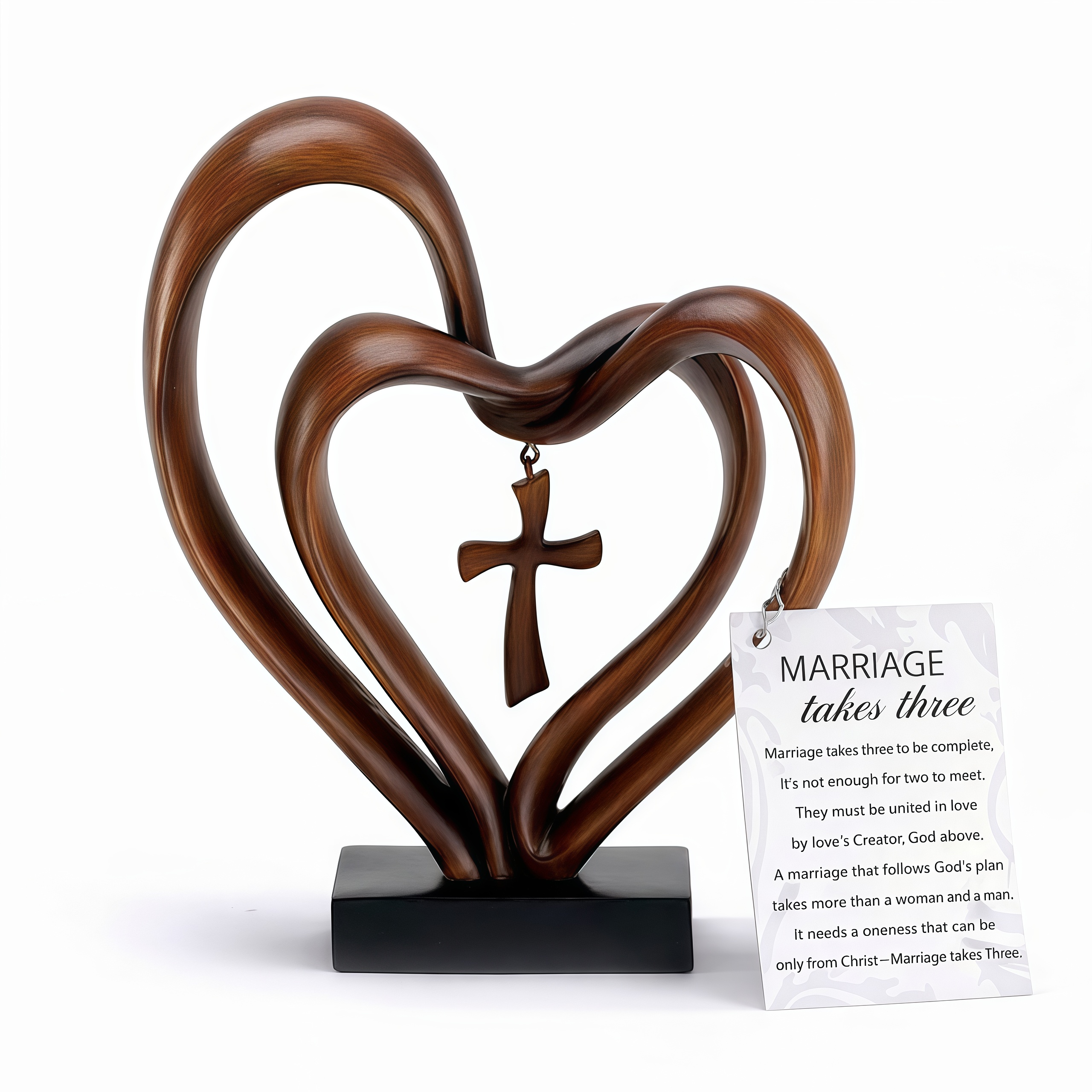 ✝Marriage Takes Three – Entwined Heart & Cross Christian Wedding Sculpture