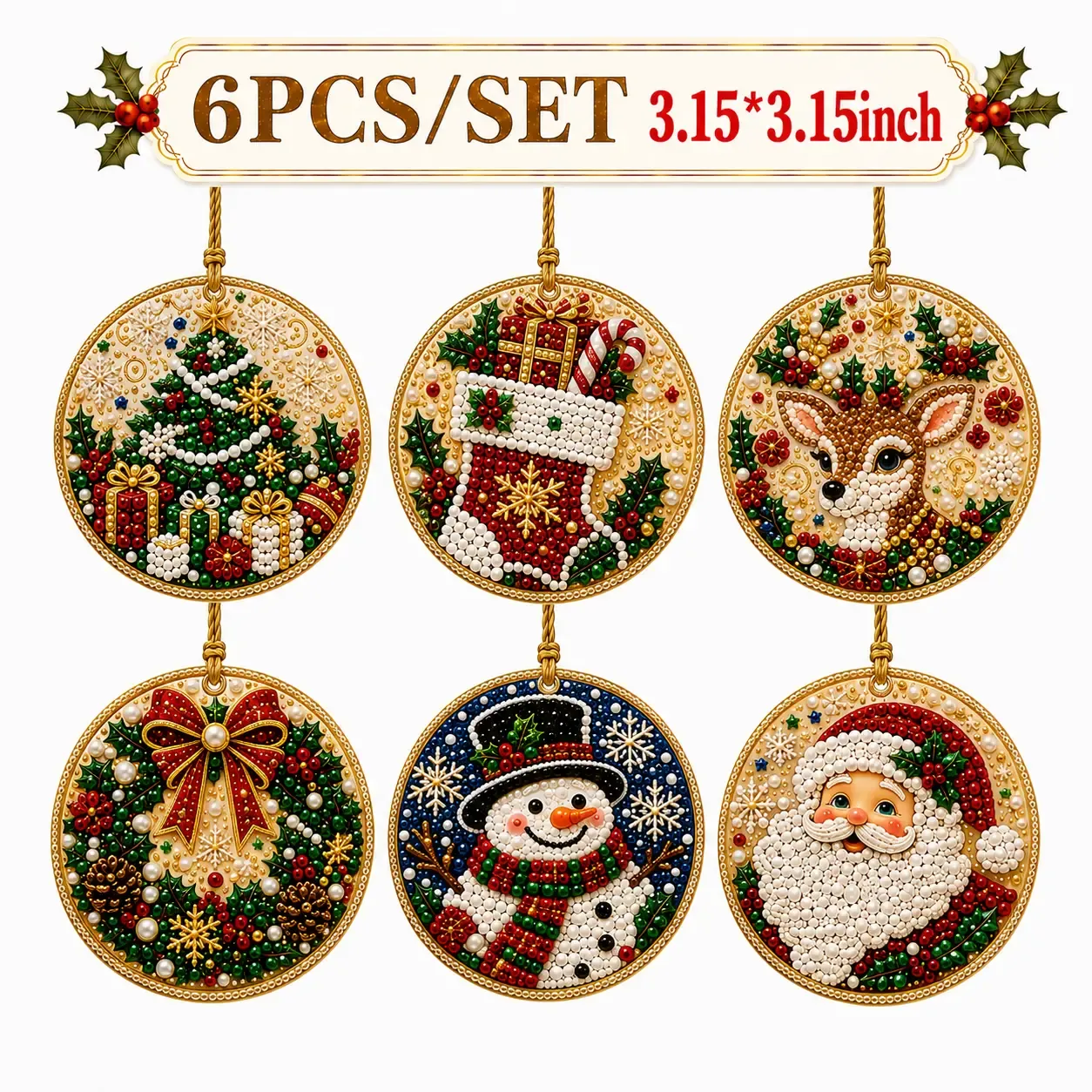 6Pcs/12Pcs Christmas DIY Diamond Painting Ornaments Kit for Holiday Home Decor