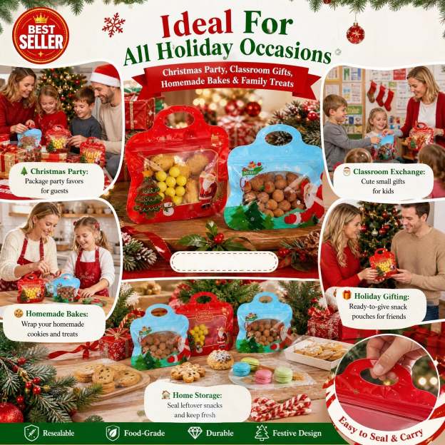 🎅LAST DAY SALE 70% OFF!!🎁Easy Fill, Easy Seal🎄 Festive Self-Seal Treat Bags