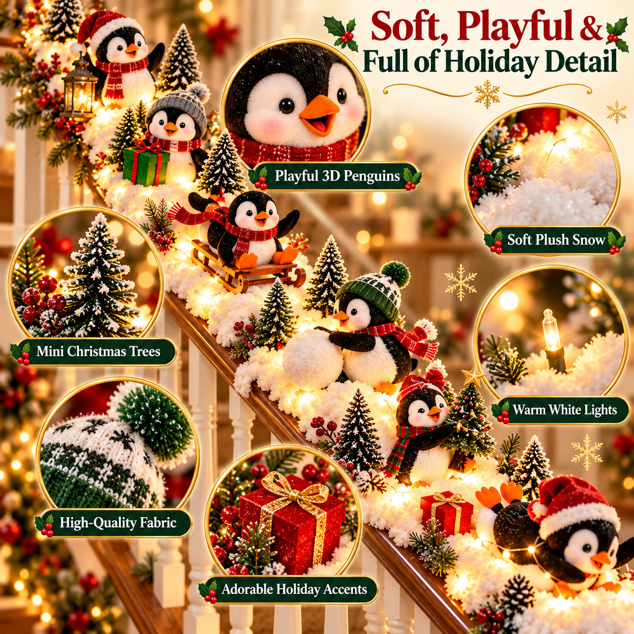 SAVE 70% BEFORE IT'S GONE🐧 Christmas Penguin Adventure™ – Lighted 6-Piece Stair Railing Decor 🎄