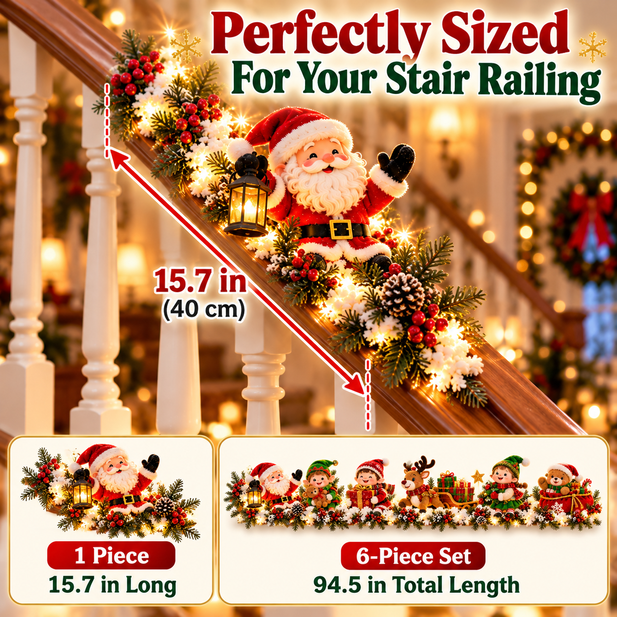 SAVE 70% BEFORE IT'S GONE🎅 Santa’s Staircase Workshop™ – Lighted 6-Piece Christmas Stair Railing Decor 🎄