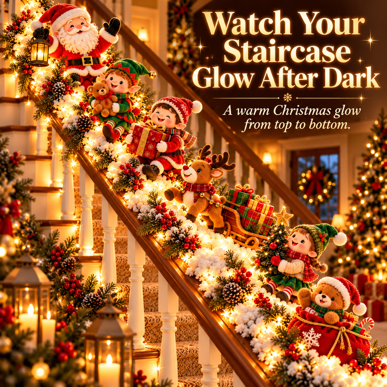 SAVE 70% BEFORE IT'S GONE🎅 Santa’s Staircase Workshop™ – Lighted 6-Piece Christmas Stair Railing Decor 🎄