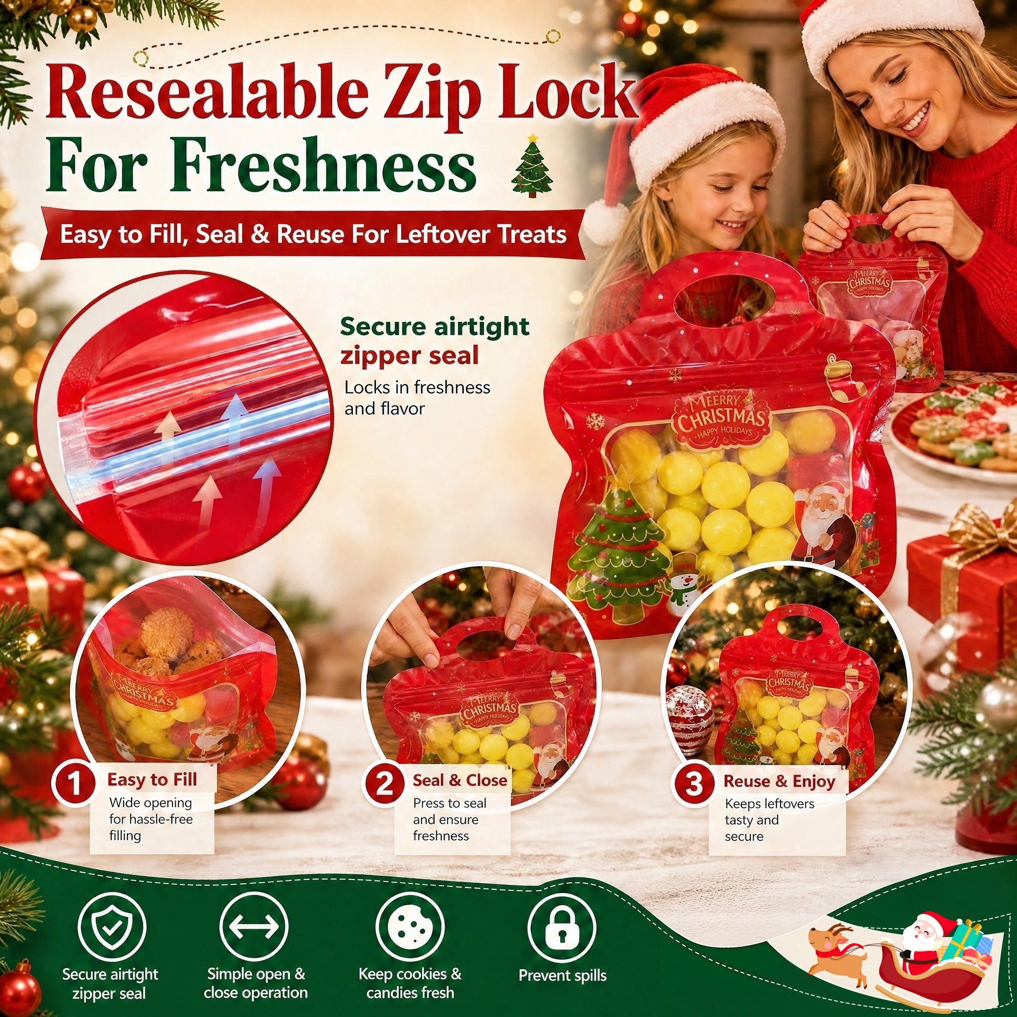 🎅LAST DAY SALE 70% OFF!!🎁Easy Fill, Easy Seal🎄 Festive Self-Seal Treat Bags