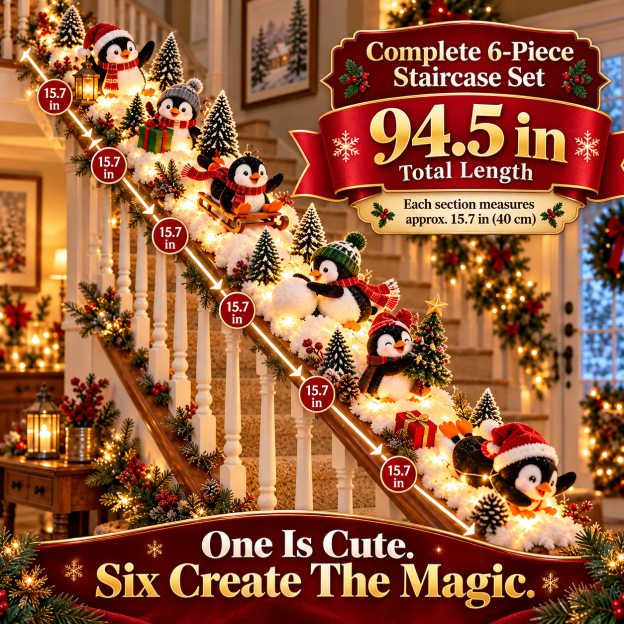 SAVE 70% BEFORE IT'S GONE🐧 Christmas Penguin Adventure™ – Lighted 6-Piece Stair Railing Decor 🎄