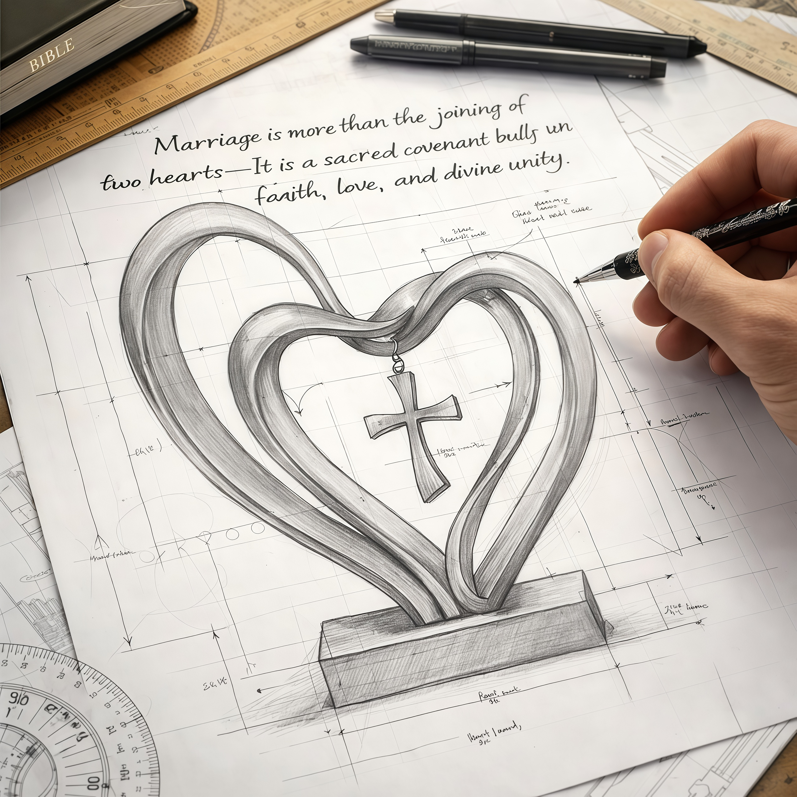 ✝Marriage Takes Three – Entwined Heart & Cross Christian Wedding Sculpture