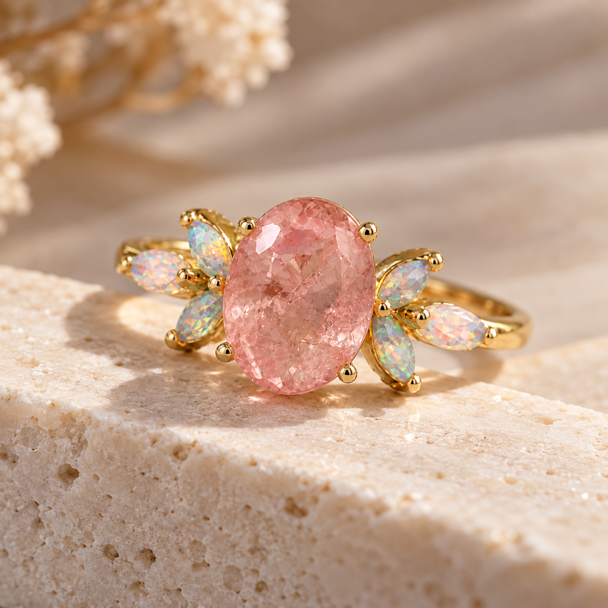Oval Rose Quartz & Opal Ring