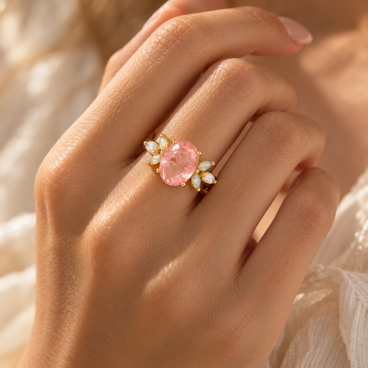 Oval Rose Quartz & Opal Ring