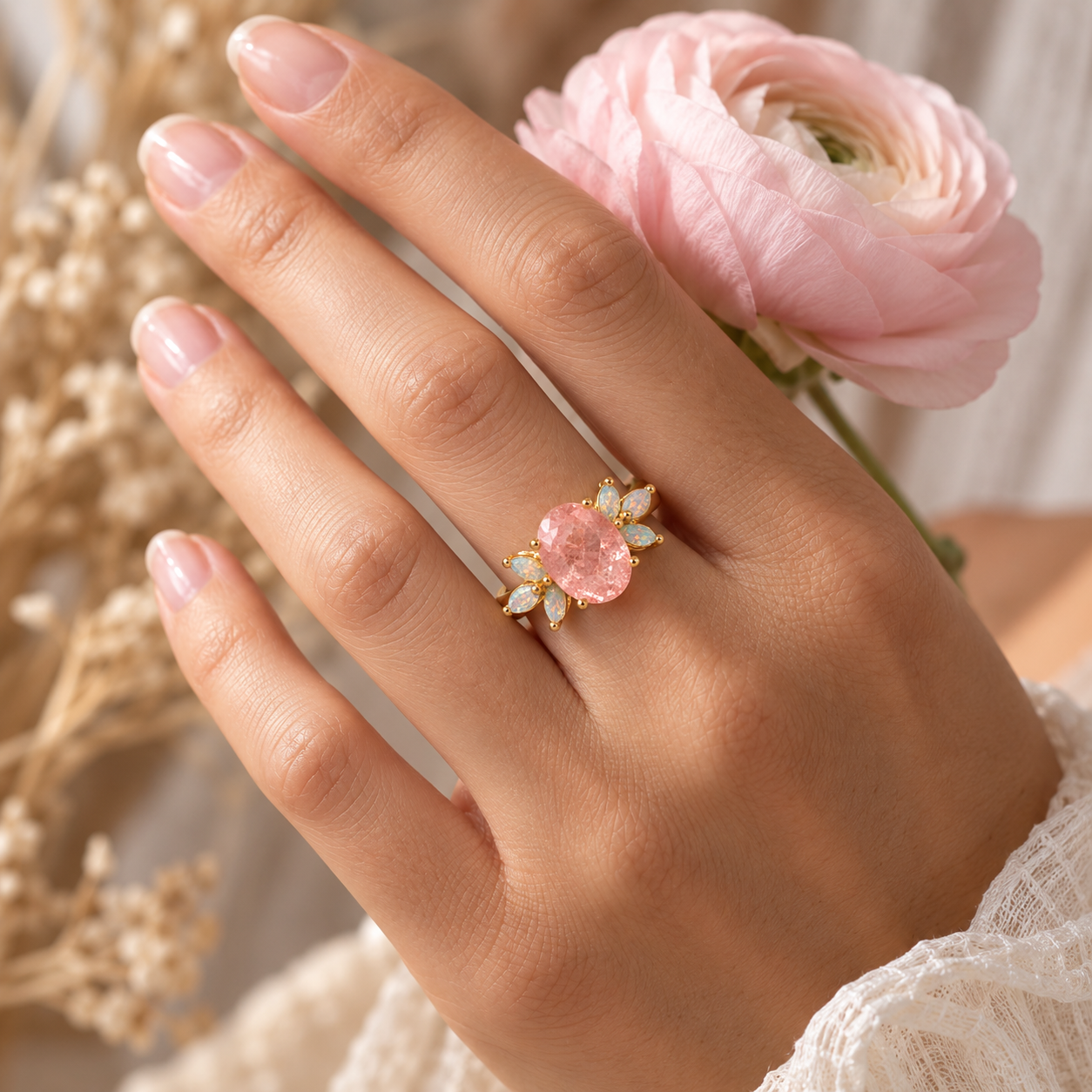 Oval Rose Quartz & Opal Ring