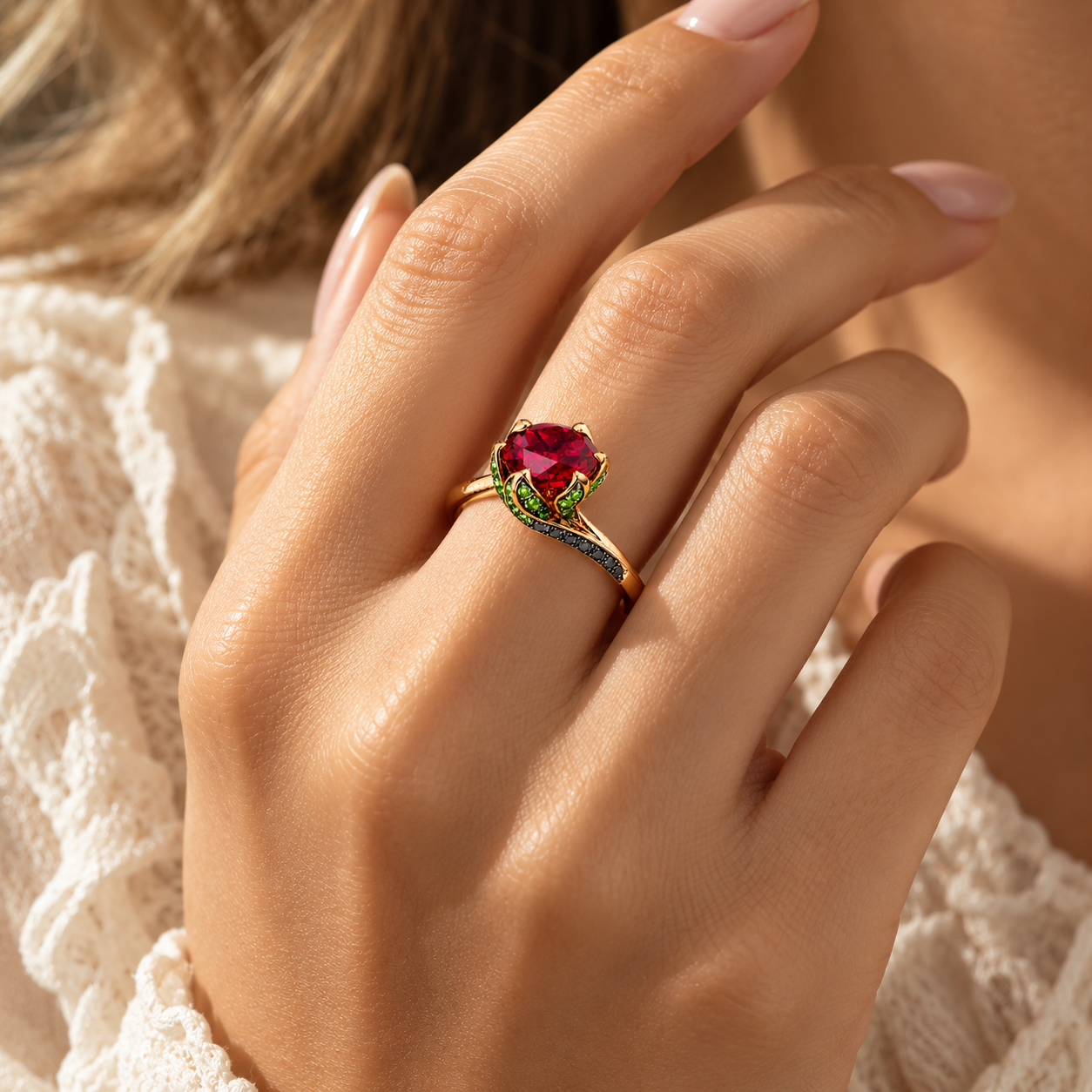 Floral Garnet Statement Ring