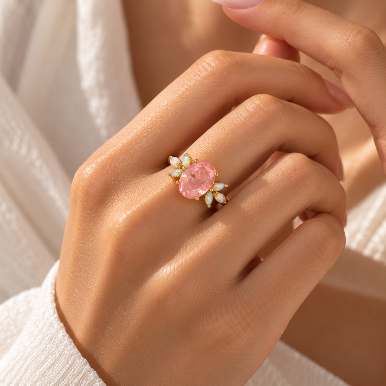 Oval Rose Quartz & Opal Ring