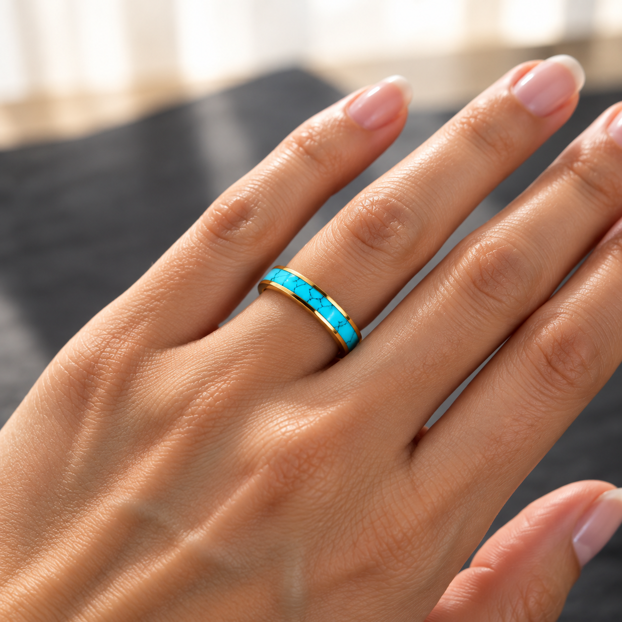 Natural Turquoise Inlay Gold Ring