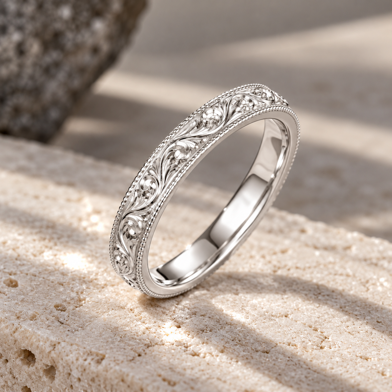 Vintage Floral Engraved Wedding Band