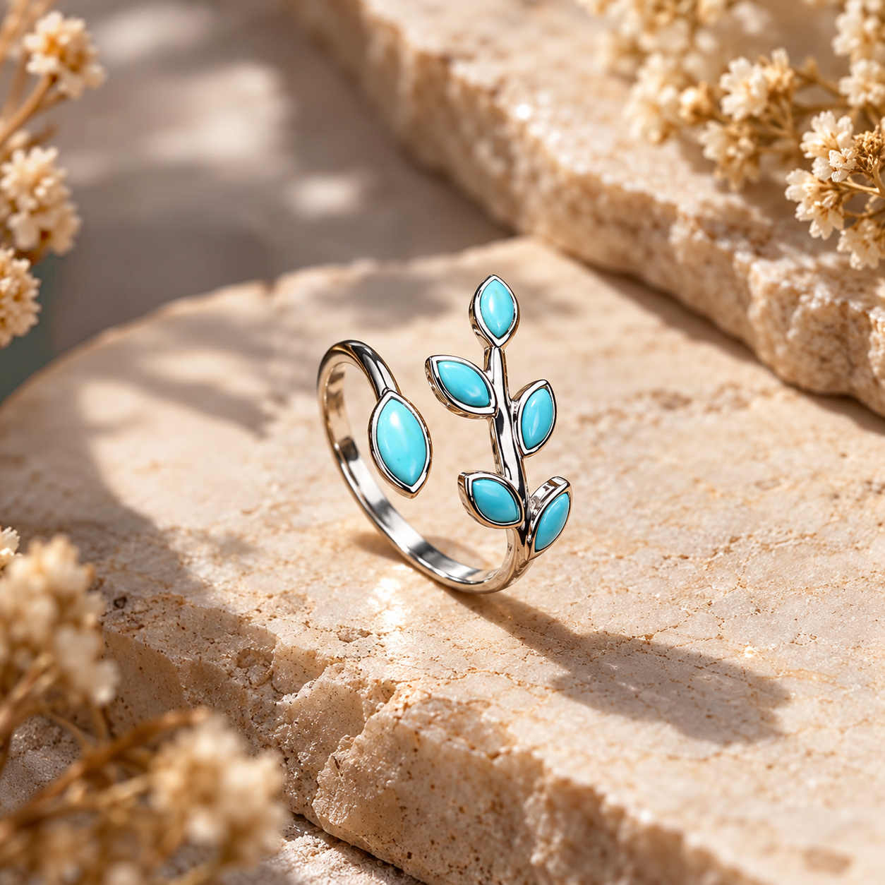 Natural Turquoise Leaf Adjustable Ring