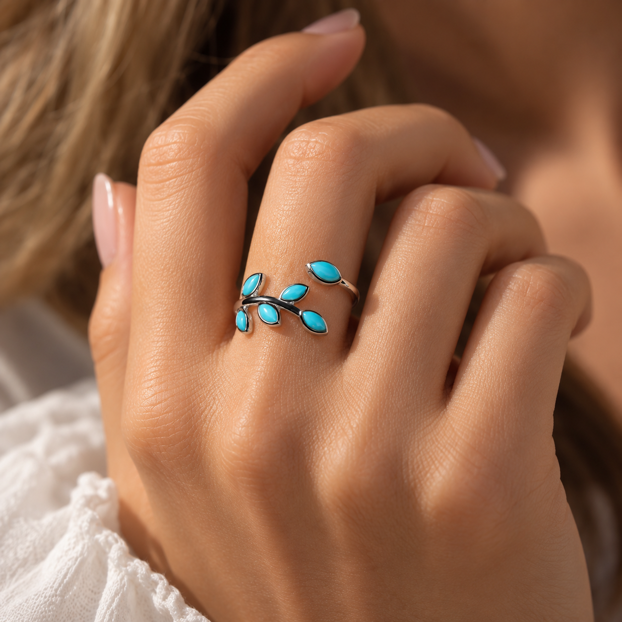 Natural Turquoise Leaf Adjustable Ring
