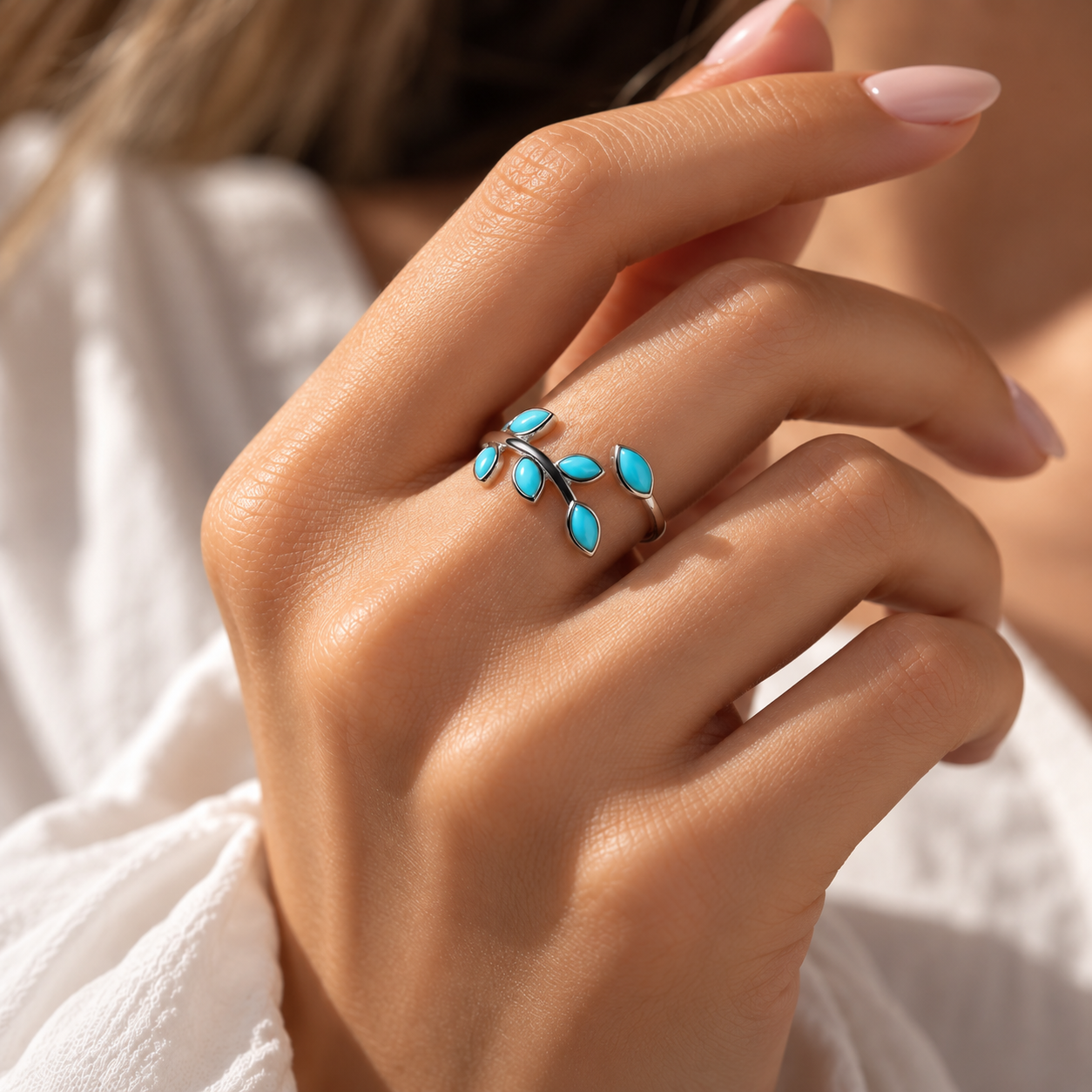 Natural Turquoise Leaf Adjustable Ring