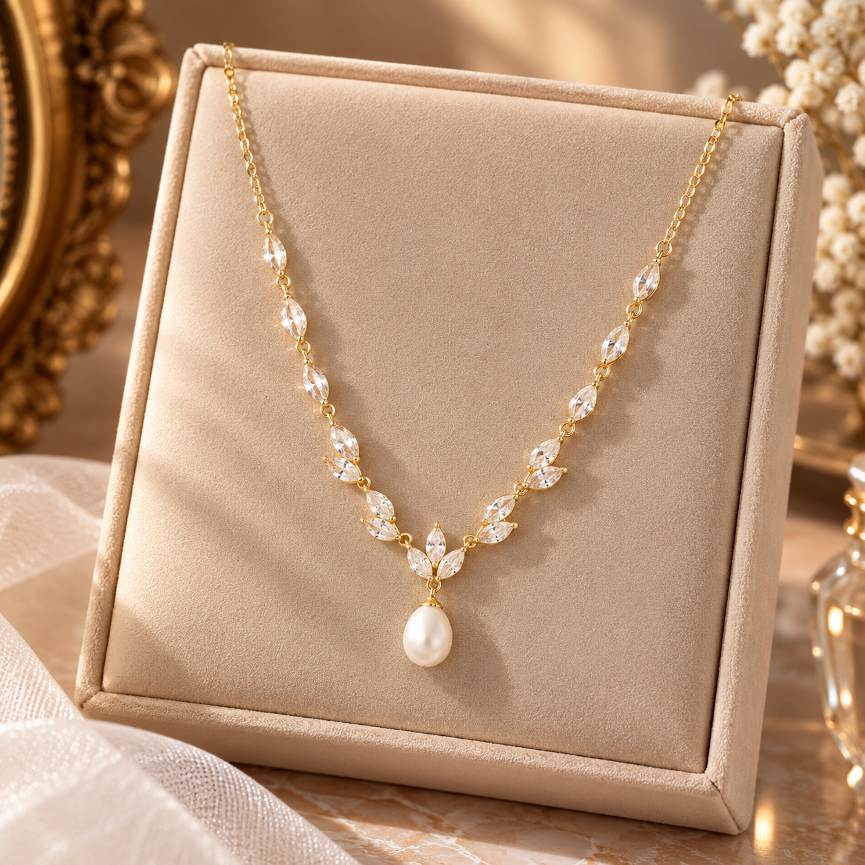 Freshwater Pearl & Crystal Leaf Pendant Necklace