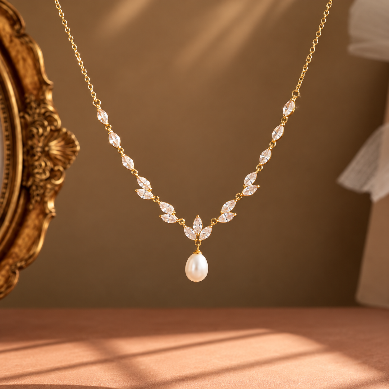 Freshwater Pearl & Crystal Leaf Pendant Necklace