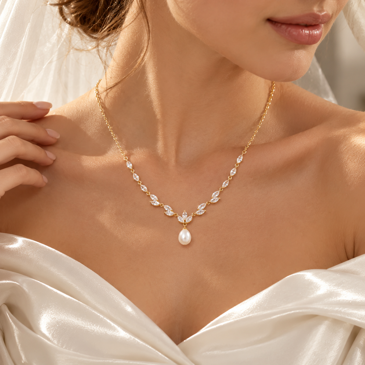 Freshwater Pearl & Crystal Leaf Pendant Necklace